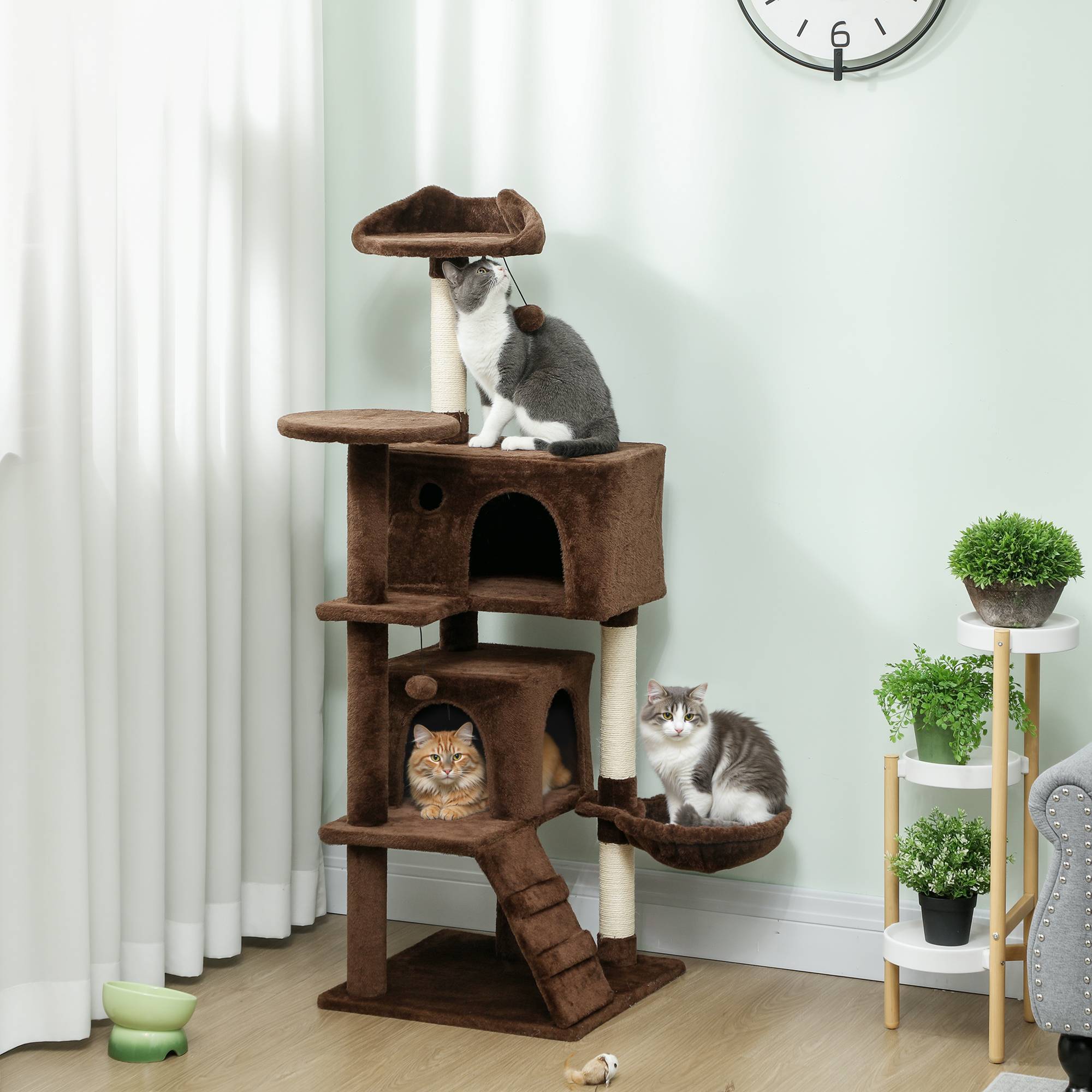 Arbre à chat à griffer 140 cm avec plateformes, lit, 2 niches, hamac, échelle, poteaux en sisal marron - Image 3