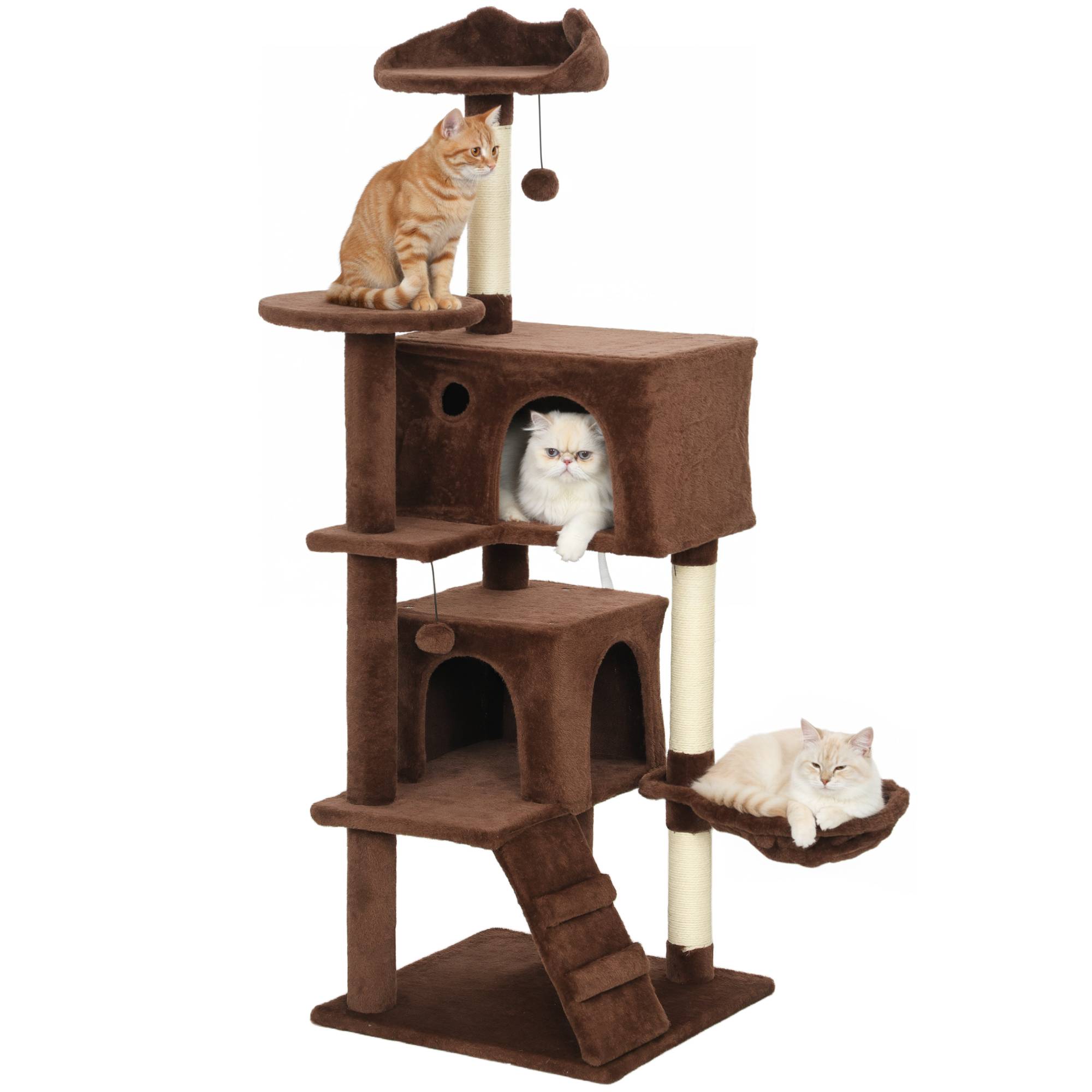 Arbre à chat à griffer 140 cm avec plateformes, lit, 2 niches, hamac, échelle, poteaux en sisal marron - Image 1