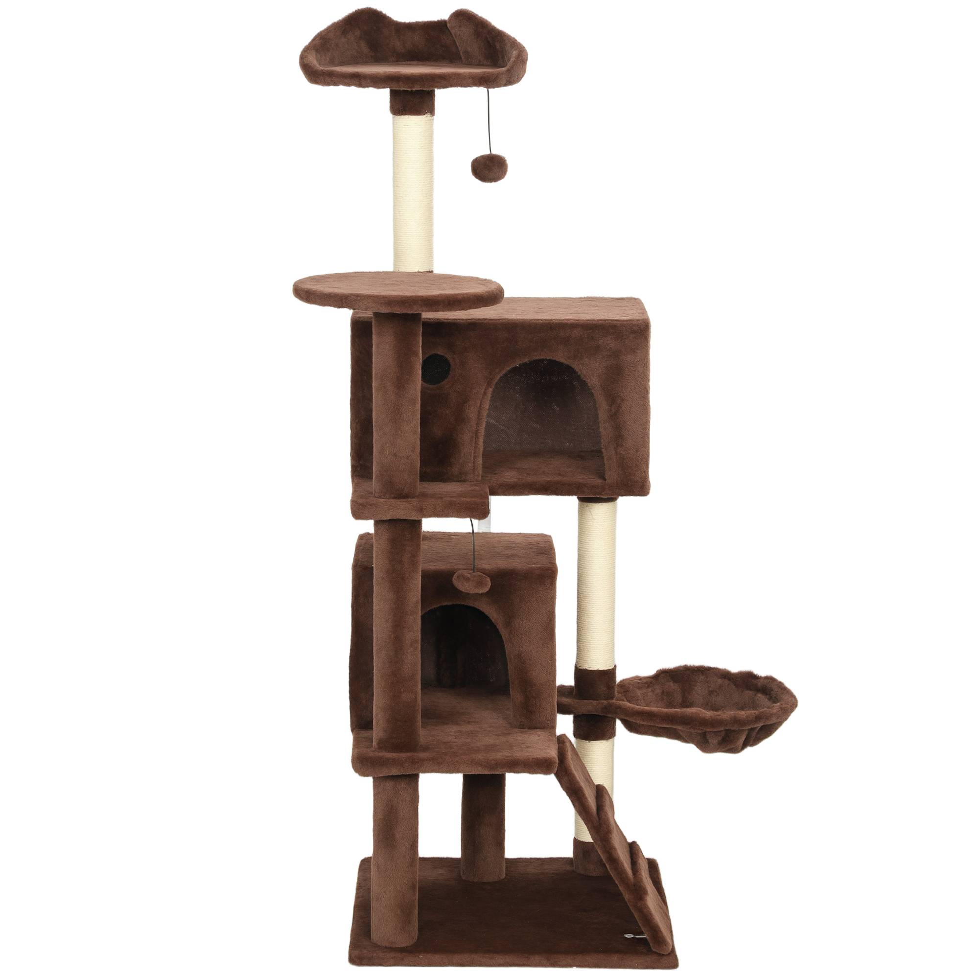 Arbre à chat à griffer 140 cm avec plateformes, lit, 2 niches, hamac, échelle, poteaux en sisal marron - Image 2