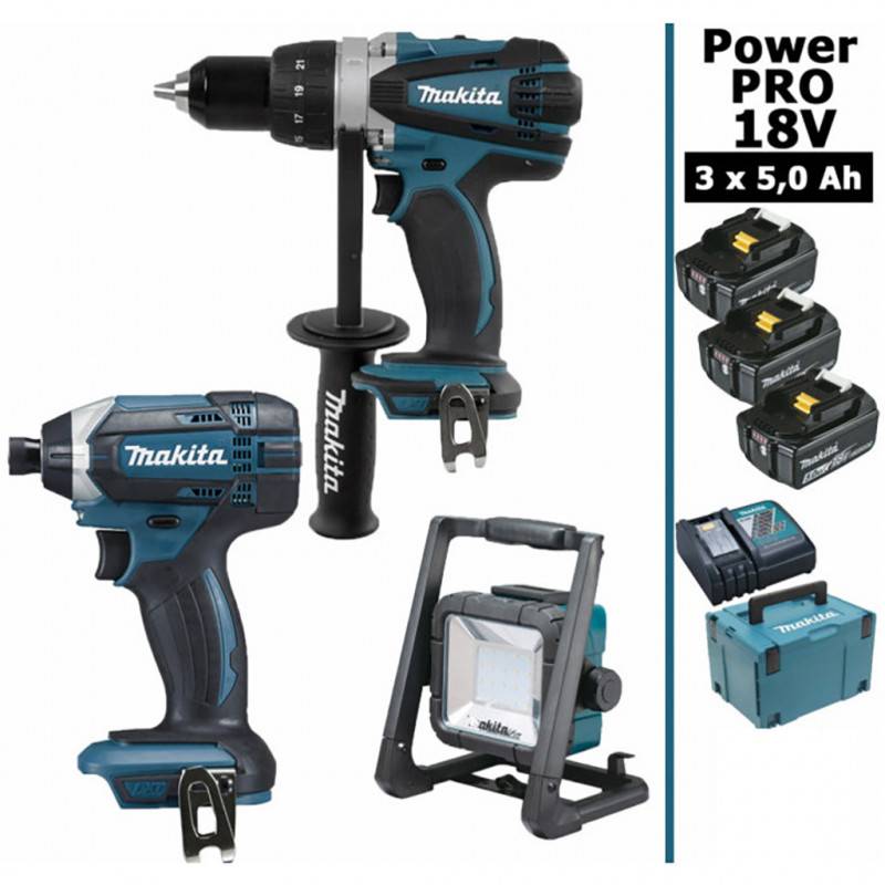 Makita - Pack makita Power PRO 18V: Perceuse 91Nm DDF458 + Visseuse DTD152 + Lampe de chantier LED 805lm + 3 batt 5Ah + coffret - Image 1