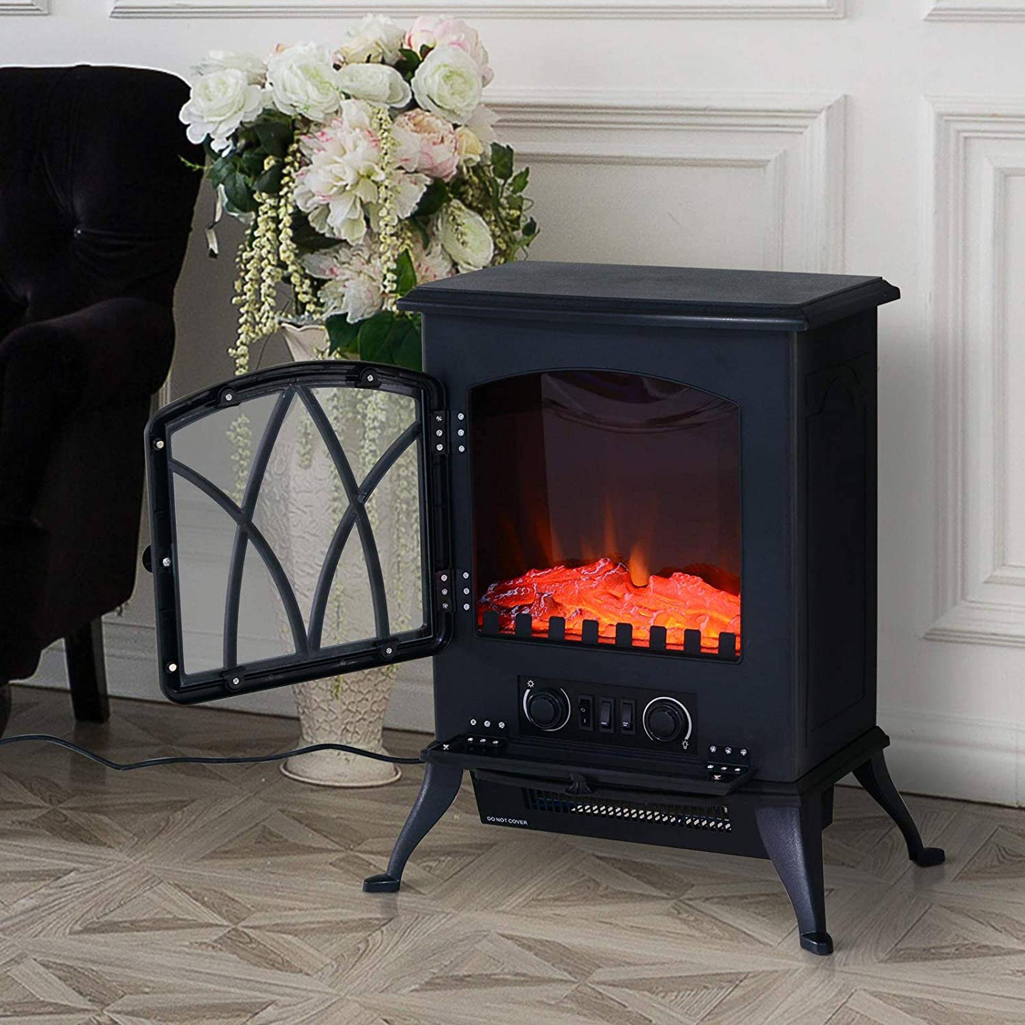 Cheminée électrique portable 1000W/2000W, silencieuse, sur pied, avec effet flamme et une zone de chauffe de 30 m², noire. - Image 3