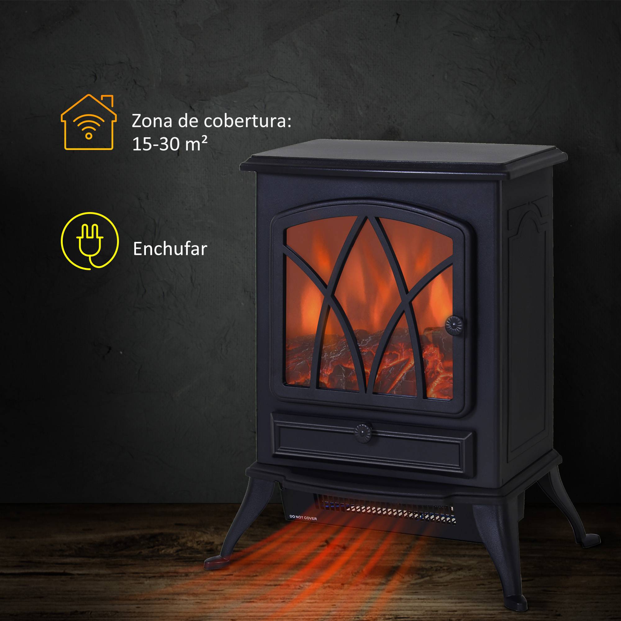 Cheminée électrique portable 1000W/2000W, silencieuse, sur pied, avec effet flamme et une zone de chauffe de 30 m², noire. - Image 6