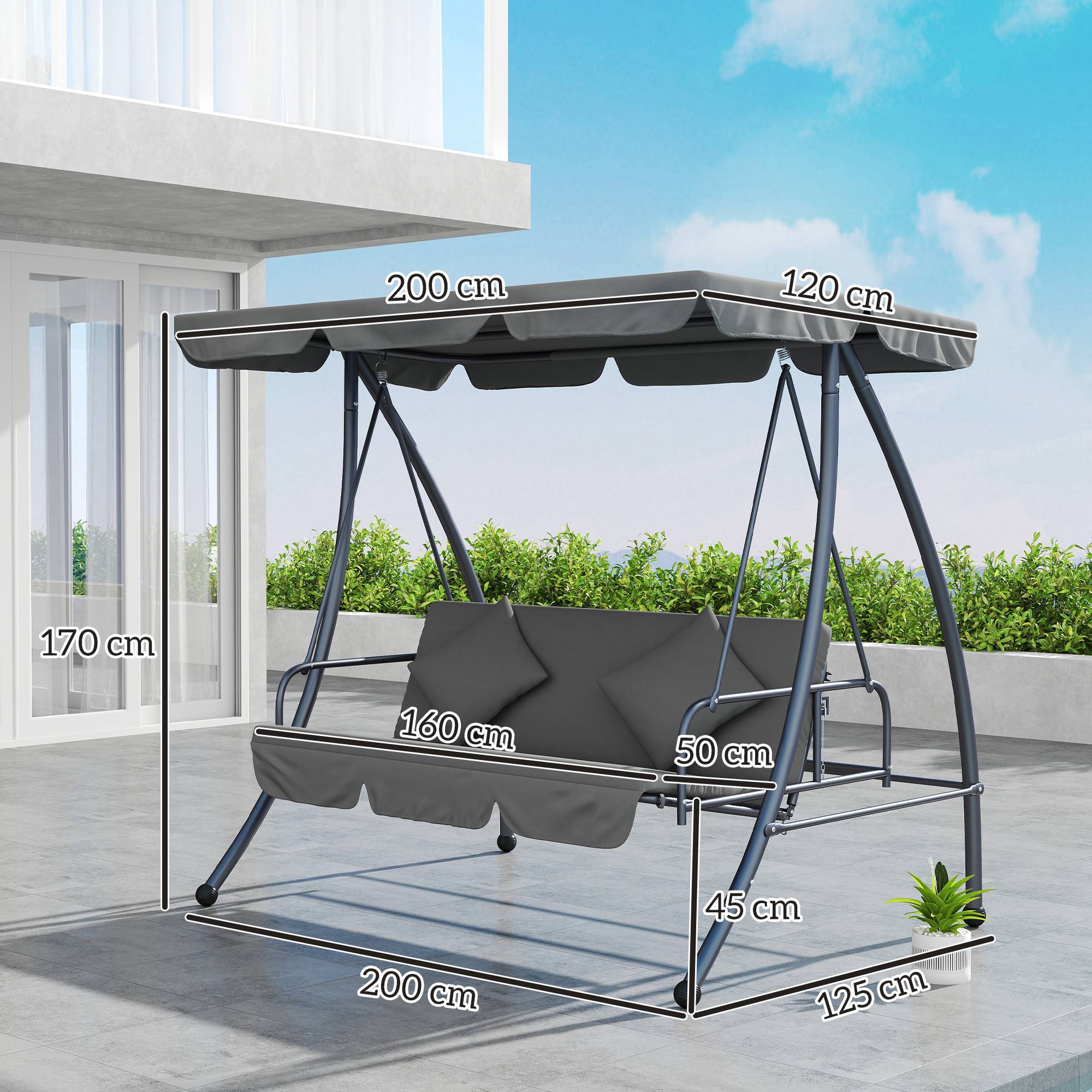Balancelle de Jardin Convertible 3 Places Inclinaison Toit réglable Matelas 2 x 1,25 x 1,7 m métal Polyester Gris clair - Image 5