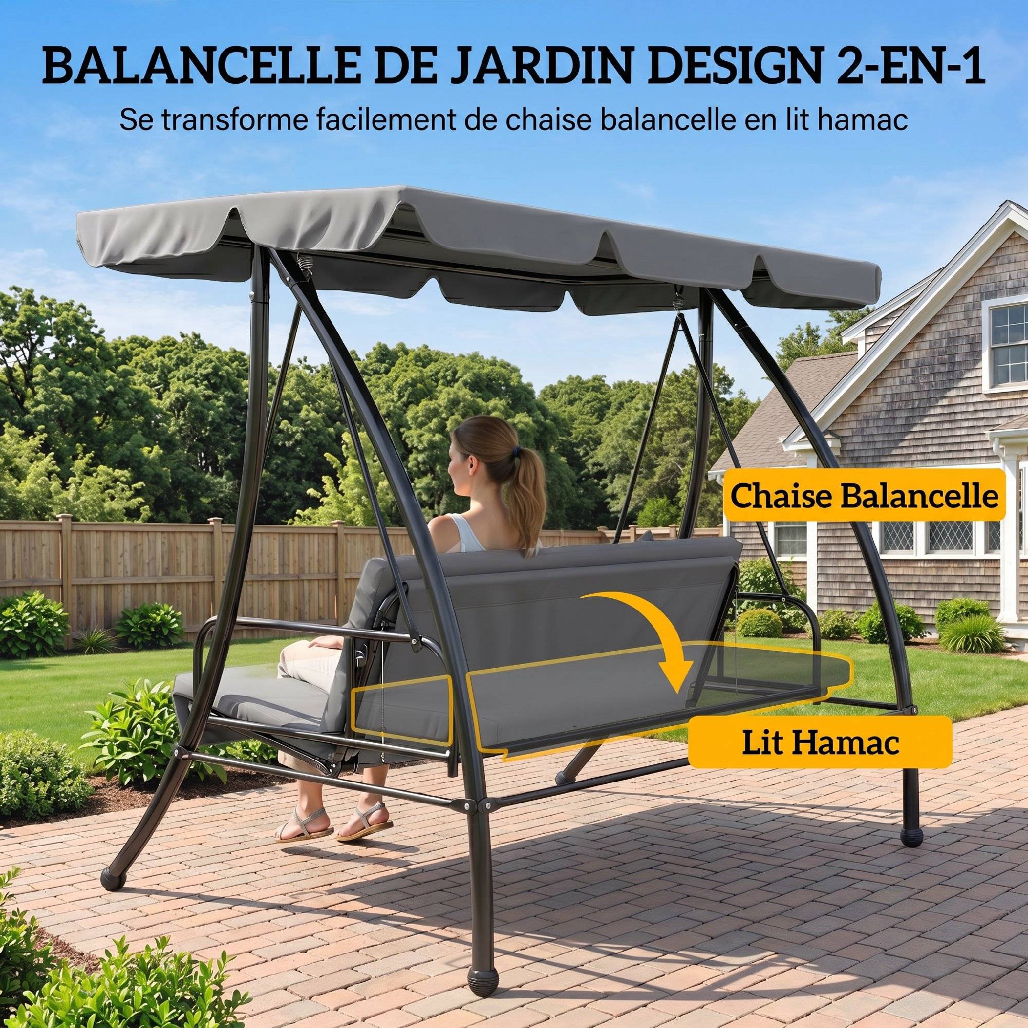 Balancelle de Jardin Convertible 3 Places Inclinaison Toit réglable Matelas 2 x 1,25 x 1,7 m métal Polyester Gris clair - Image 6