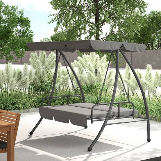 Balancelle de Jardin Convertible 3 Places Inclinaison Toit réglable Matelas 2 x 1,25 x 1,7 m métal Polyester Gris clair - Image 3