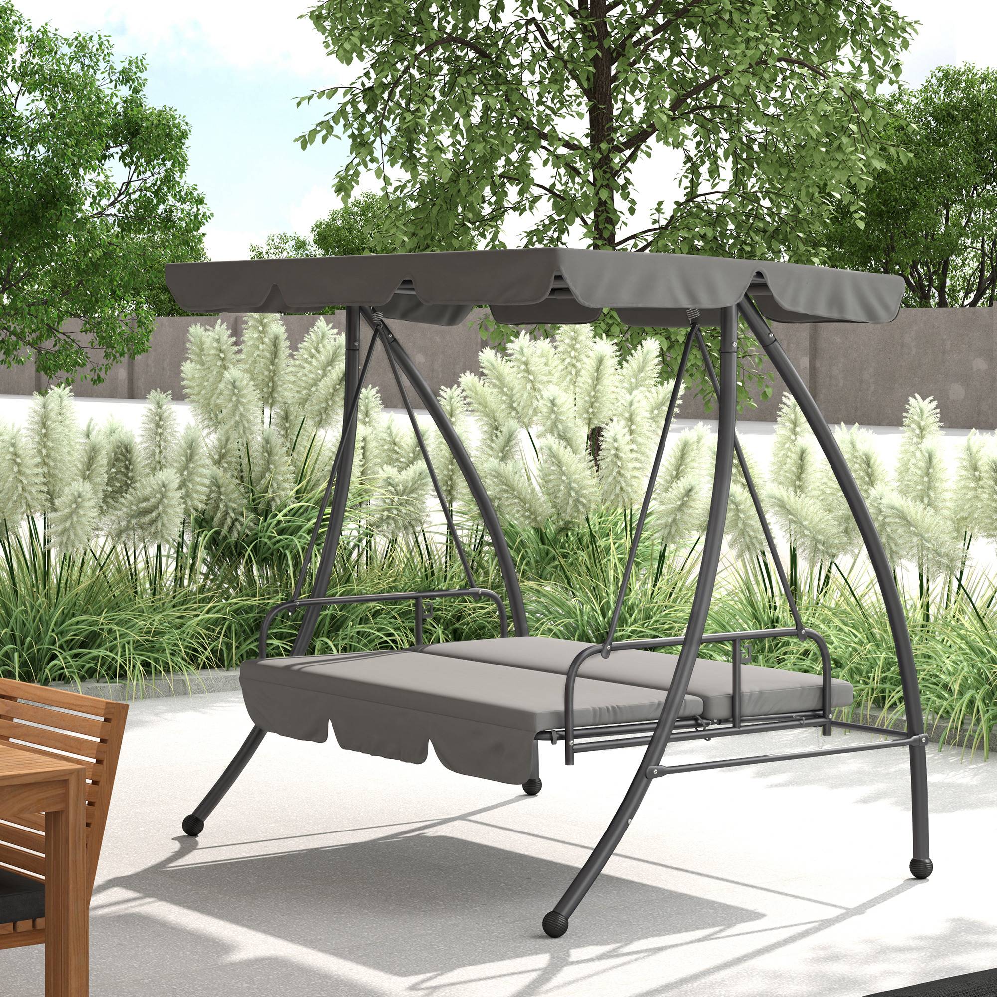 Balancelle de Jardin Convertible 3 Places Inclinaison Toit réglable Matelas 2 x 1,25 x 1,7 m métal Polyester Gris clair - Image 3