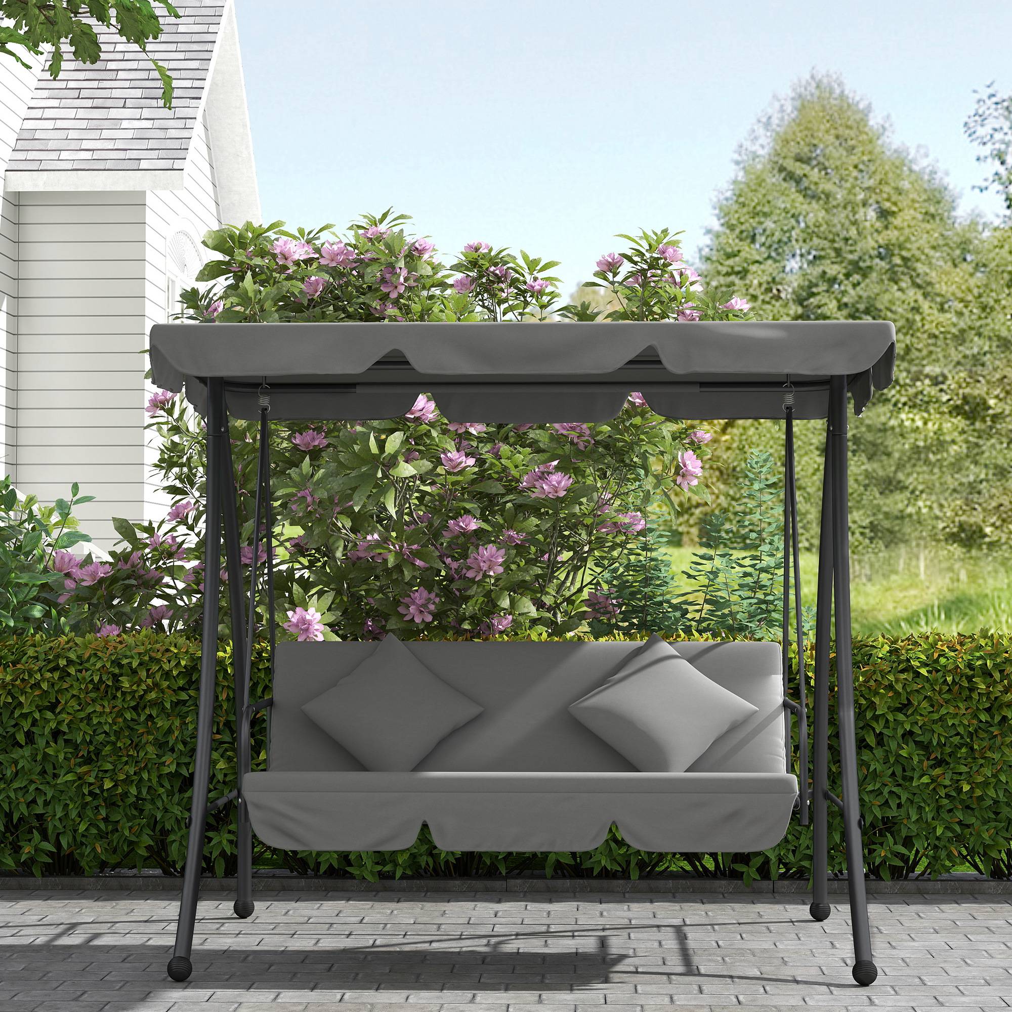 Balancelle de Jardin Convertible 3 Places Inclinaison Toit réglable Matelas 2 x 1,25 x 1,7 m métal Polyester Gris clair - Image 10