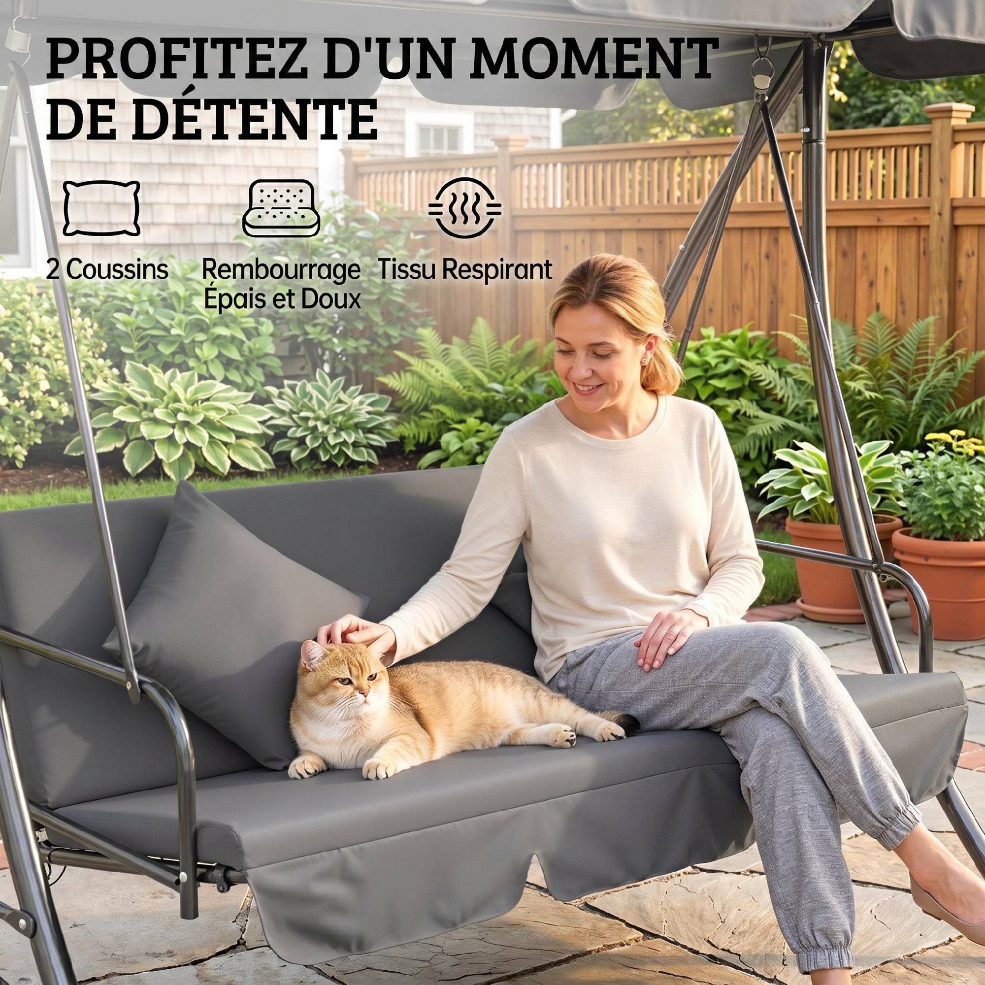 Balancelle de Jardin Convertible 3 Places Inclinaison Toit réglable Matelas 2 x 1,25 x 1,7 m métal Polyester Gris clair - Image 8