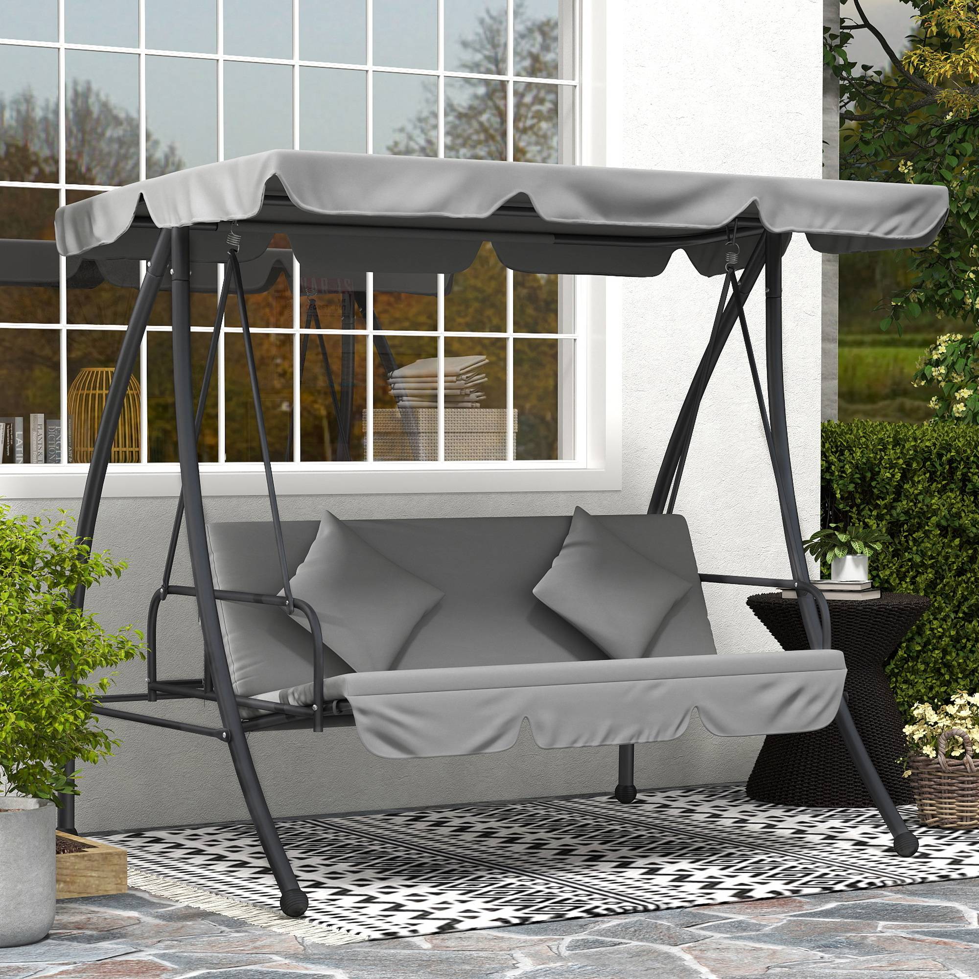 Balancelle de Jardin Convertible 3 Places Inclinaison Toit réglable Matelas 2 x 1,25 x 1,7 m métal Polyester Gris clair - Image 4