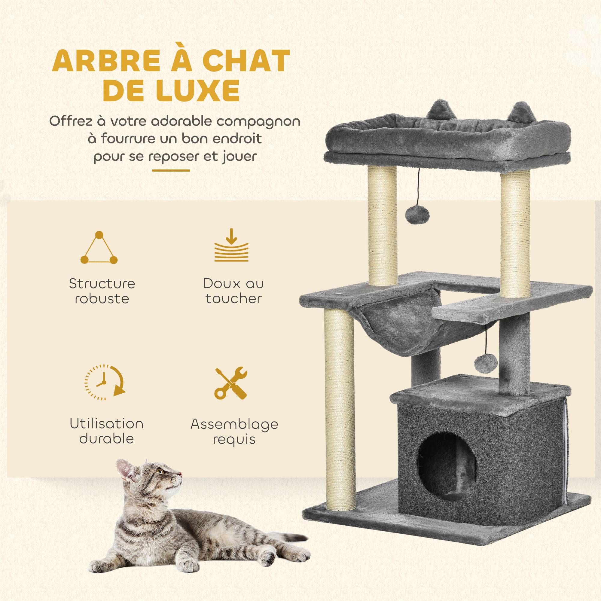 Arbre à chat avec griffoir, en tissu peluche, tour de jeux pour chat, lit, niche, hamac, plateforme 48 x 48 x 90 cm gris - Image 6