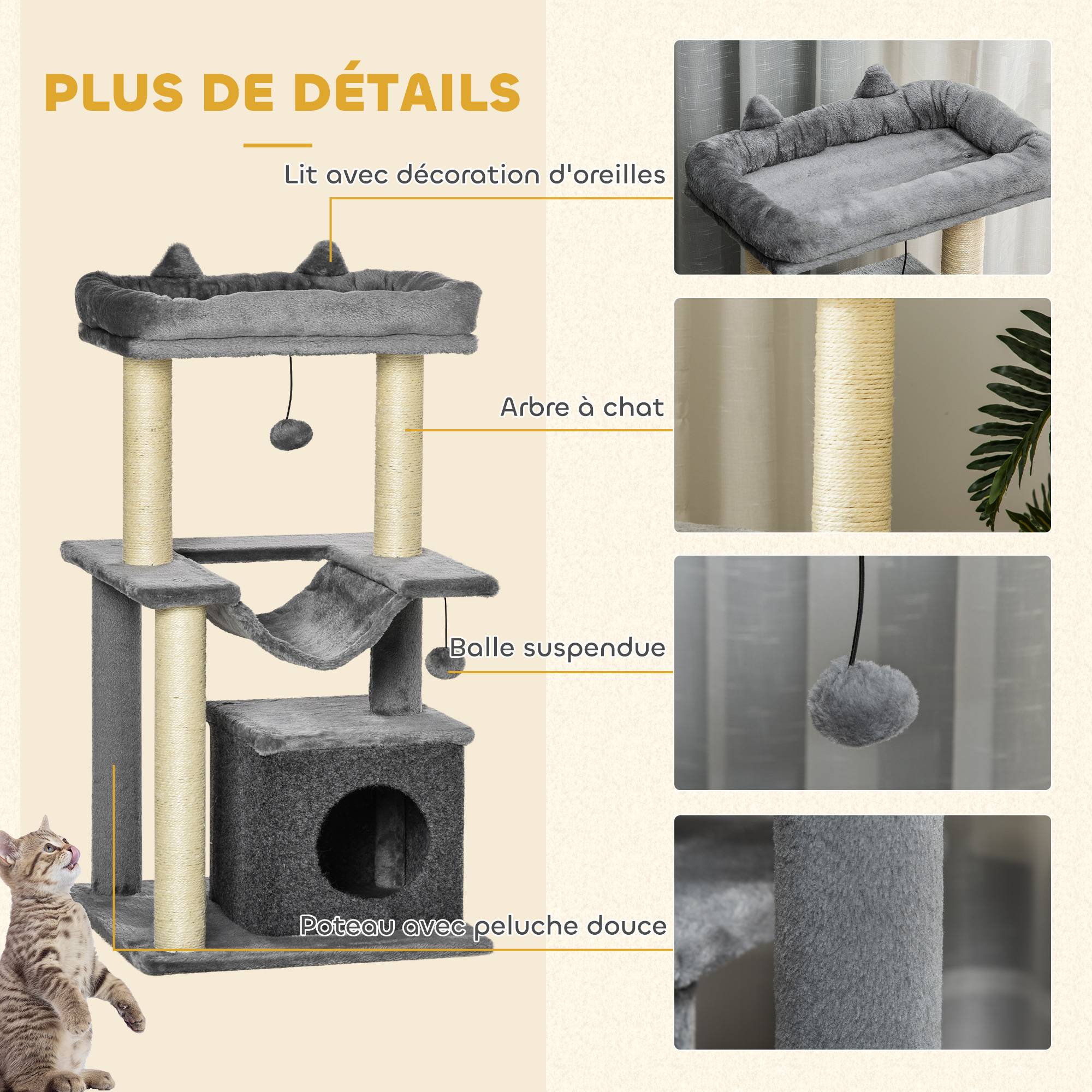 Arbre à chat avec griffoir, en tissu peluche, tour de jeux pour chat, lit, niche, hamac, plateforme 48 x 48 x 90 cm gris - Image 9