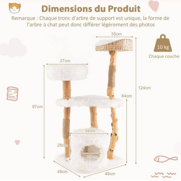 Helloshop26 - Arbre à chat en bois 124 cm avec perchoir supérieur en quenouilles et condo tour à chat avec coussin moelleux confortable blanc - Image 3
