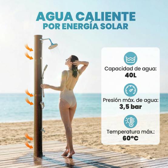 Douche solaire de jardin 40 L avec douchette, robinet au pied et température réglable (max. 60 °C) pour piscine - Noir - Image 6