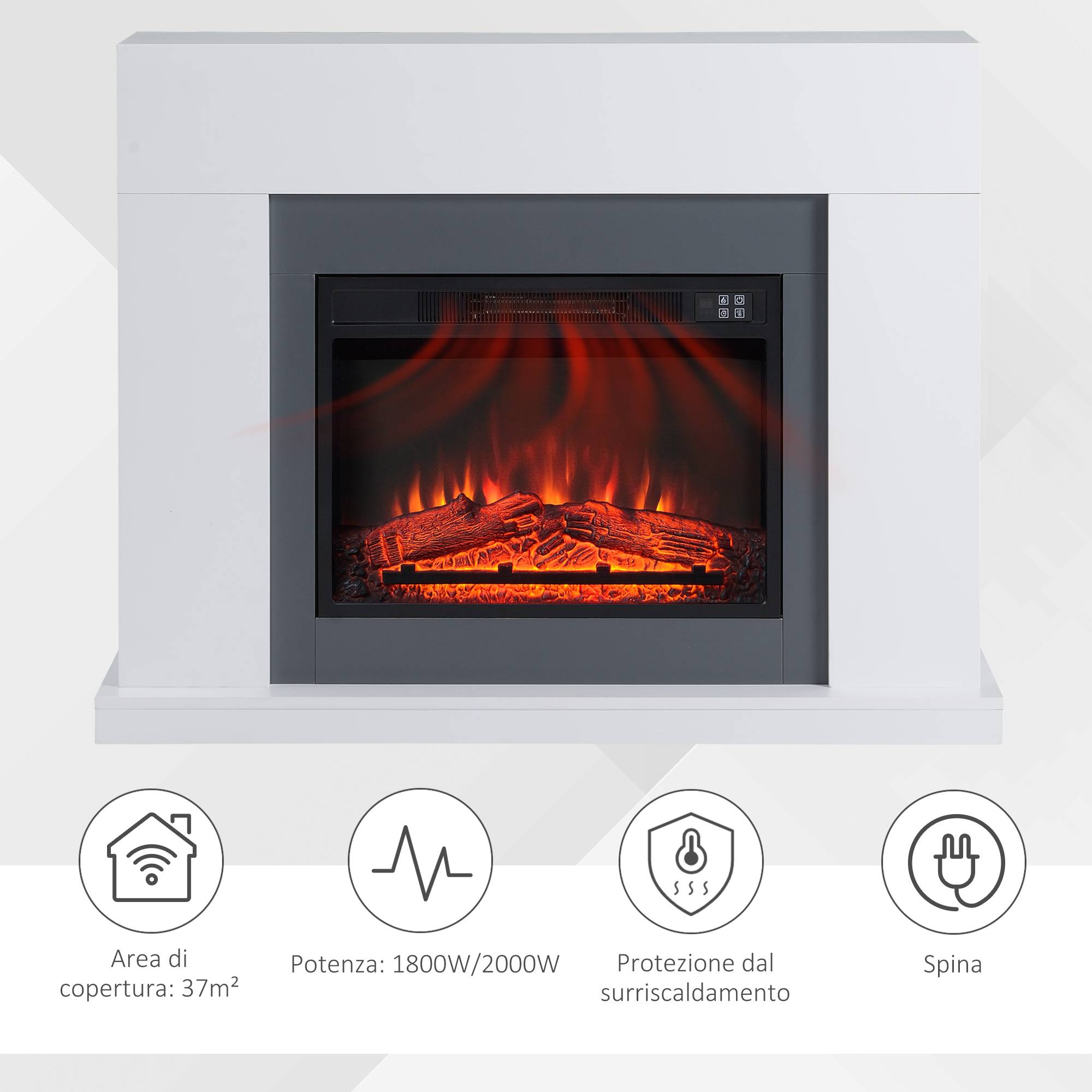 Cheminée électrique murale avec effet flamme LED et minuterie, surface de chauffe de 37 m², 2000 W - Blanc - Image 8