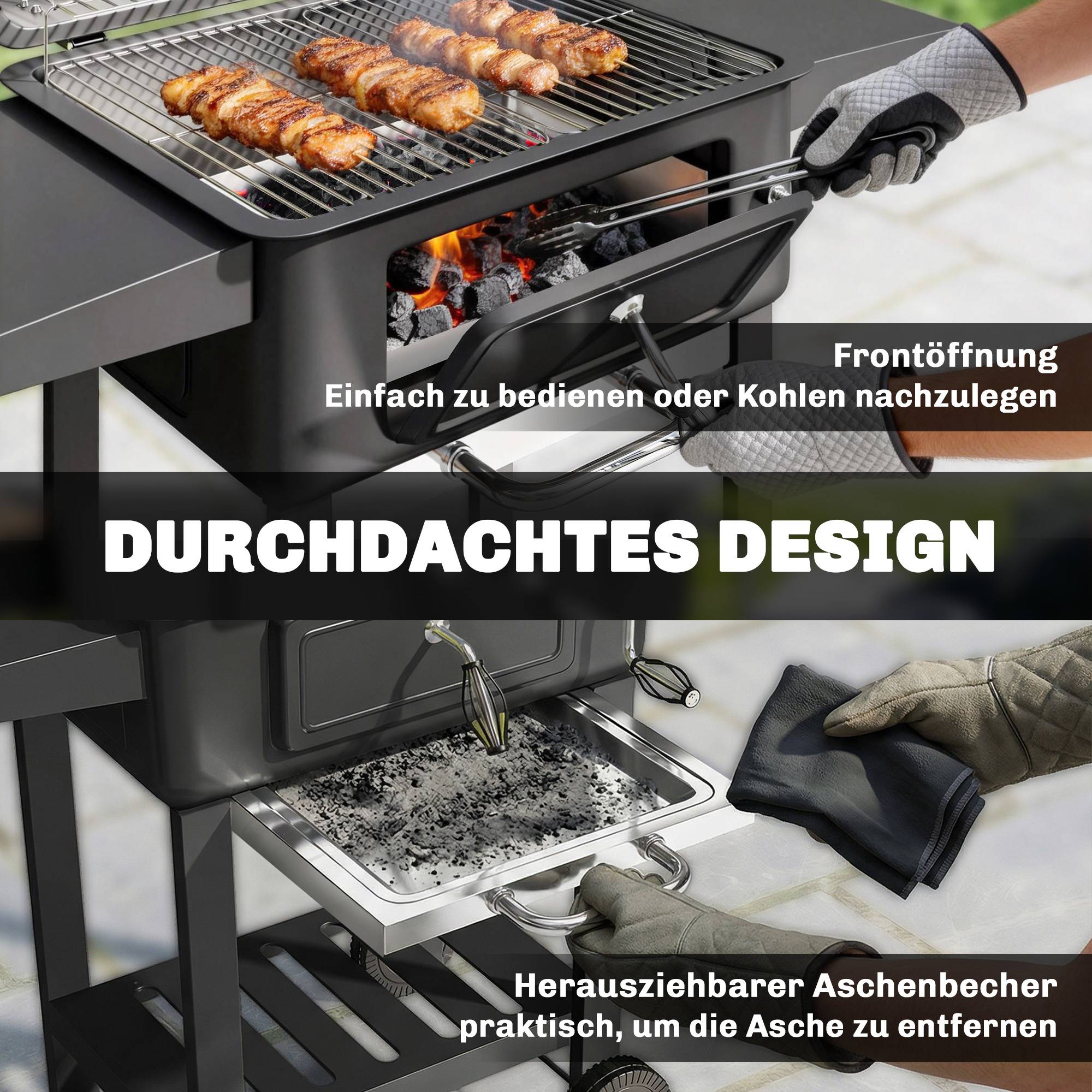 Barbecue à charbon fumoir avec couvercle, thermomètre, grille réglable, bac à charbon, cheminée, table latérale et bac à cendres - Image 10