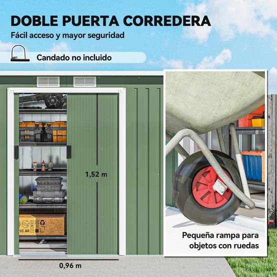 Abri de jardin extérieur 280 x 130 x 172 cm avec portes coulissantes, fond et ventilation, vert clair - Image 7