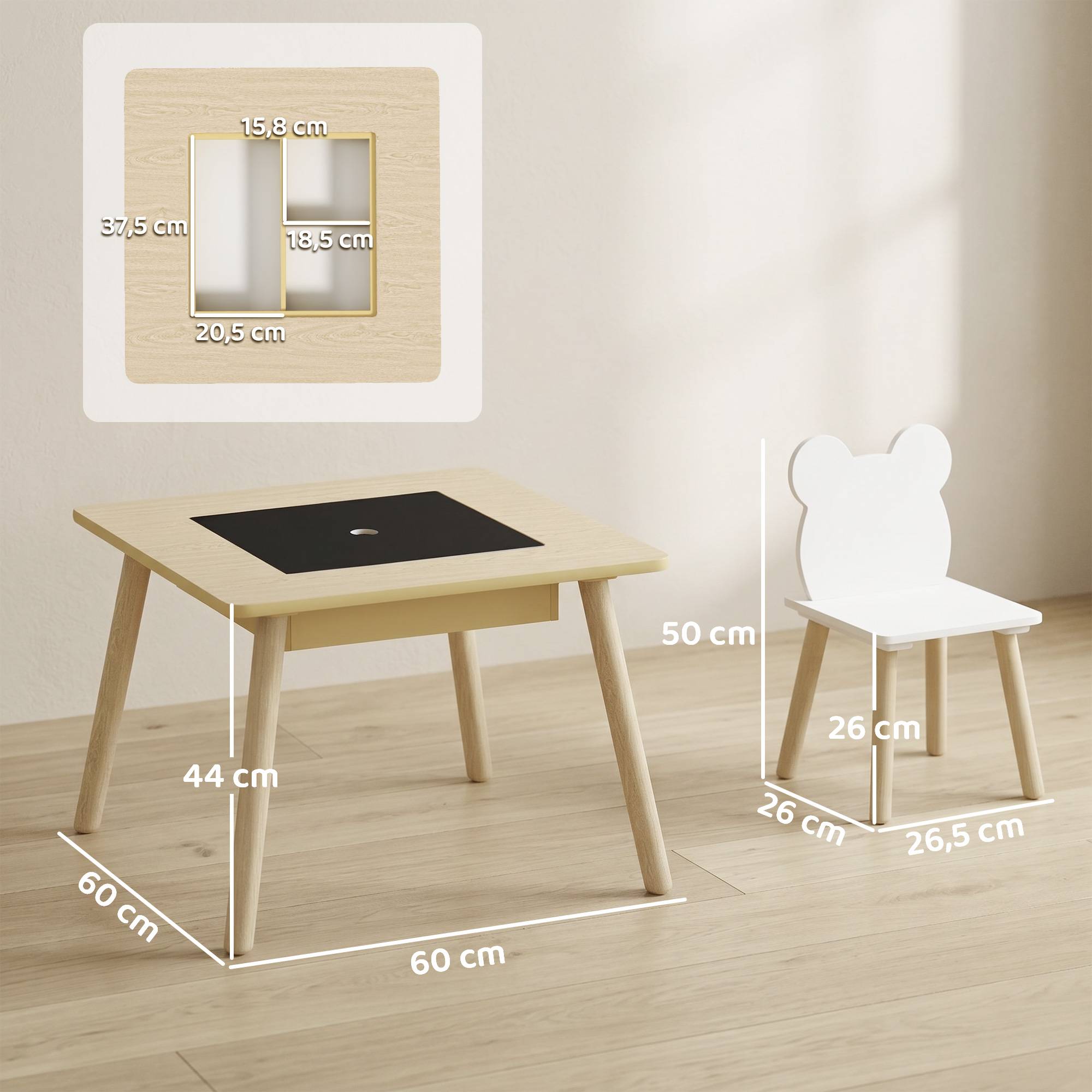 Table enfant avec 2 chaises, rangement, dossier forme ours, 3-6 ans, bois naturel - Image 5