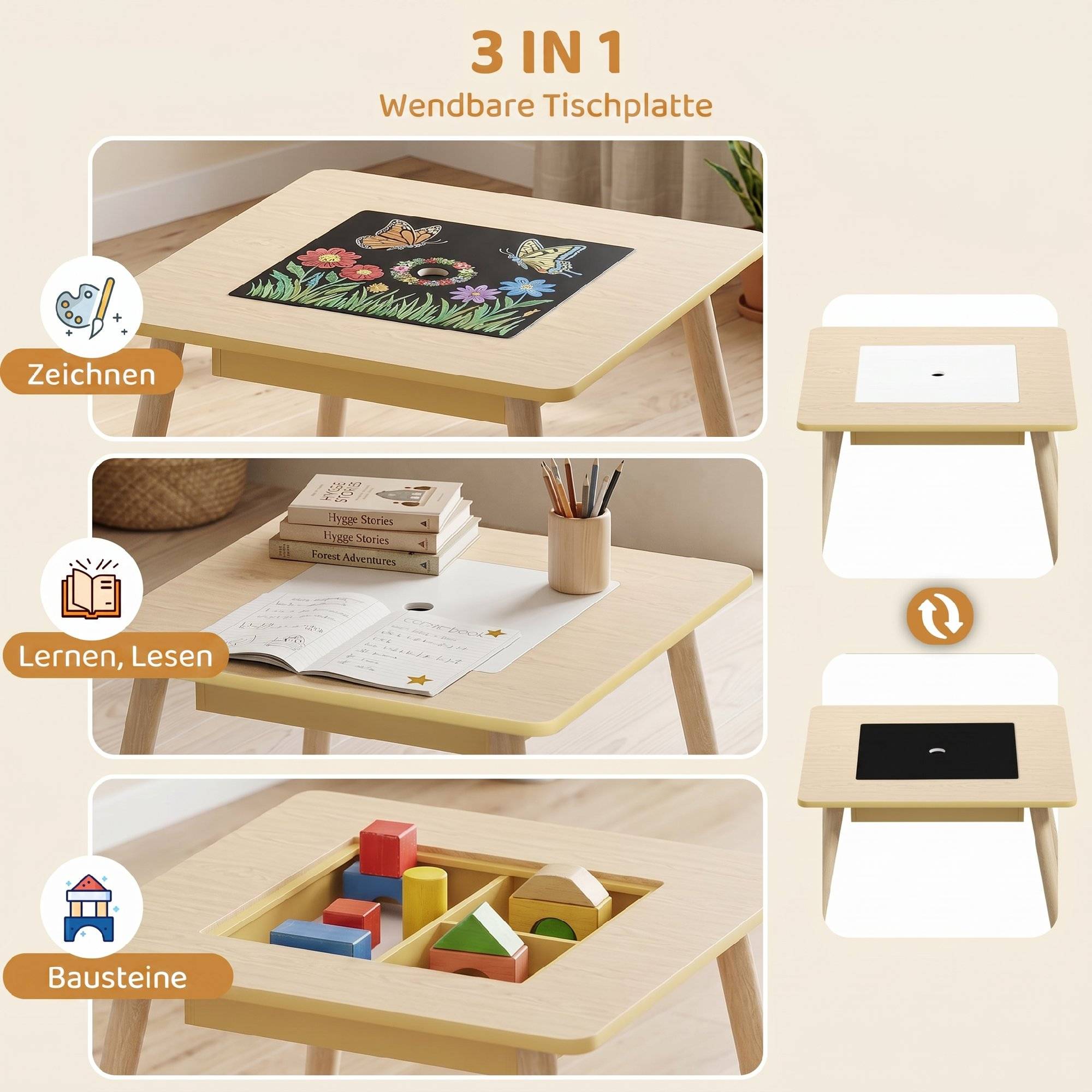 Table enfant avec 2 chaises, rangement, dossier forme ours, 3-6 ans, bois naturel - Image 6