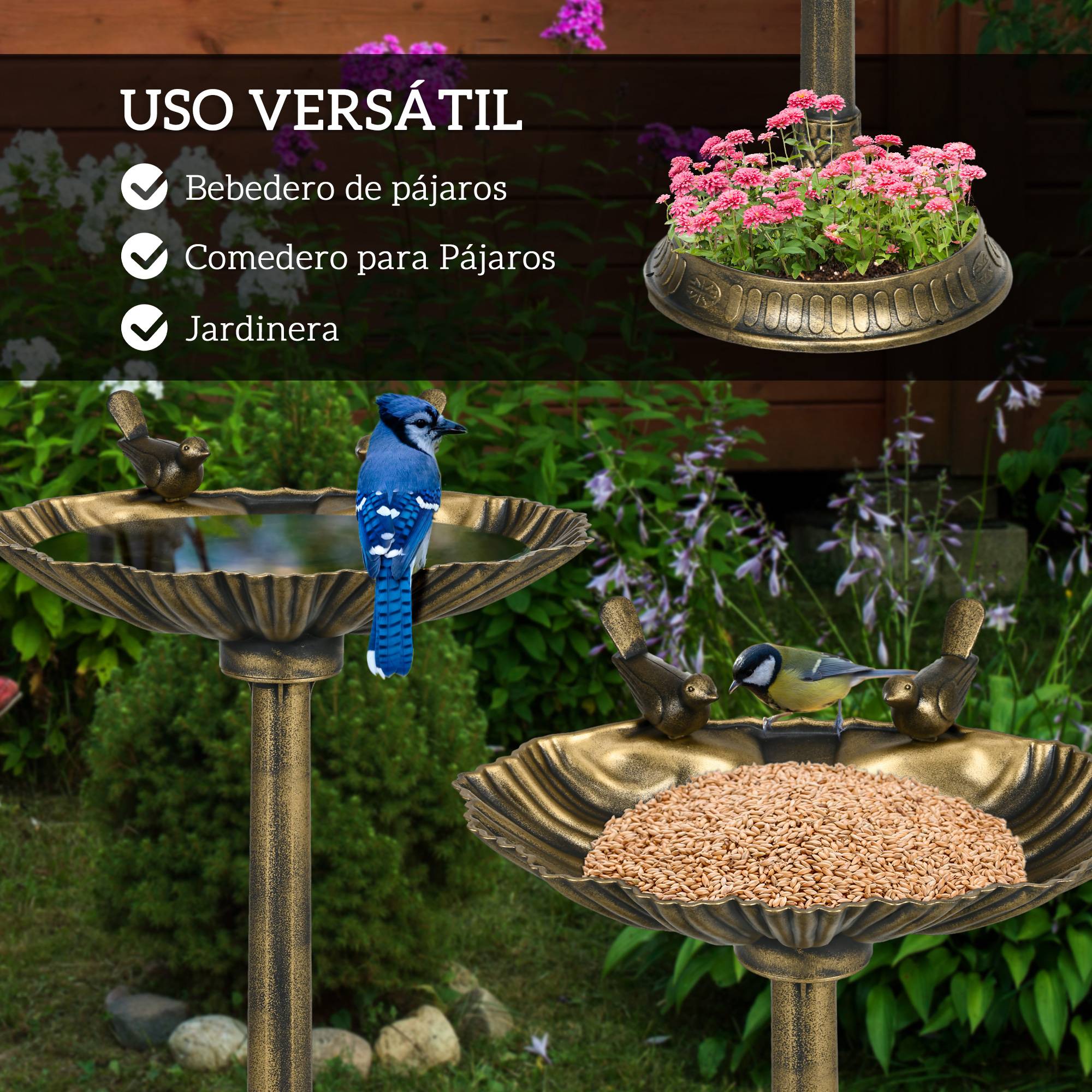 ComfortXL - Bain d’oiseaux extérieur en polypropylène 81 cm bronze pour jardin double vasque - ComfortXL Outdoor Living - Image 6