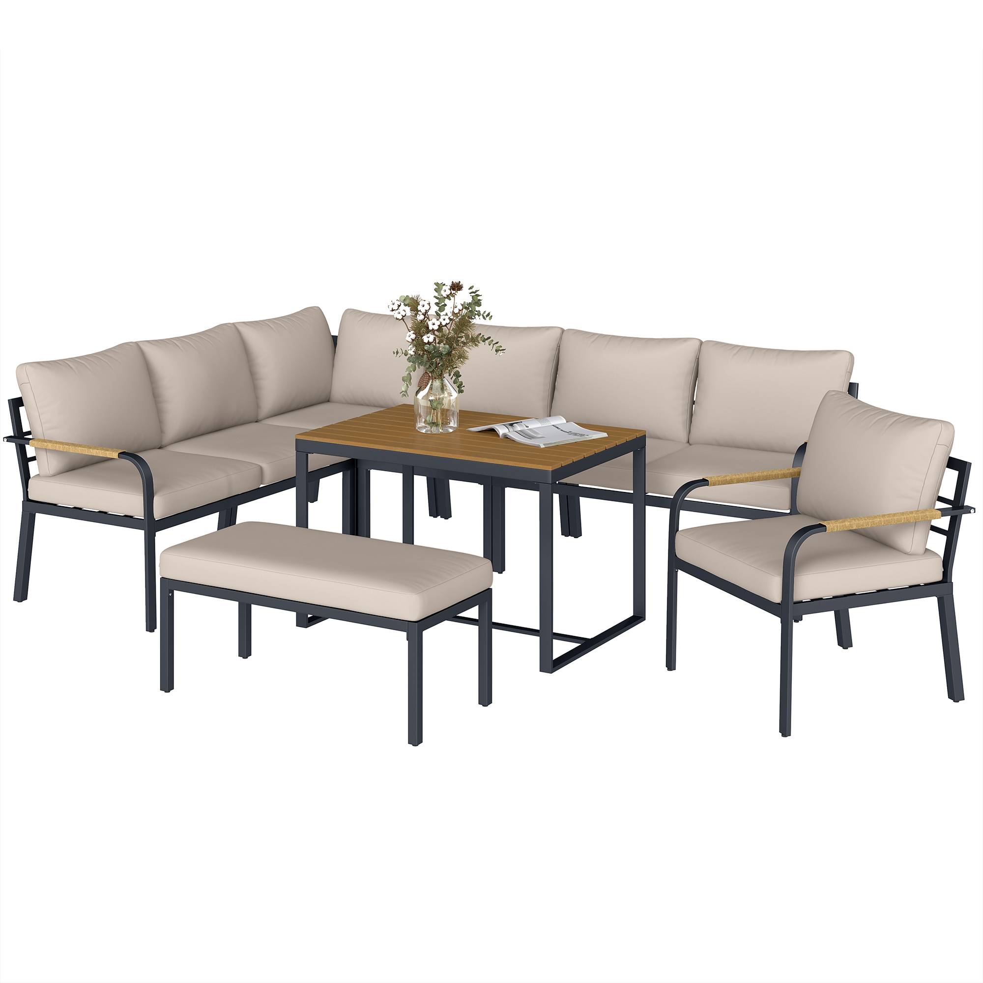 ComfortXL - Salon de jardin d'angle 7 pièces modulable métal corde table WPC terrasse coussins kaki - ComfortXL Outdoor Living - Image 2