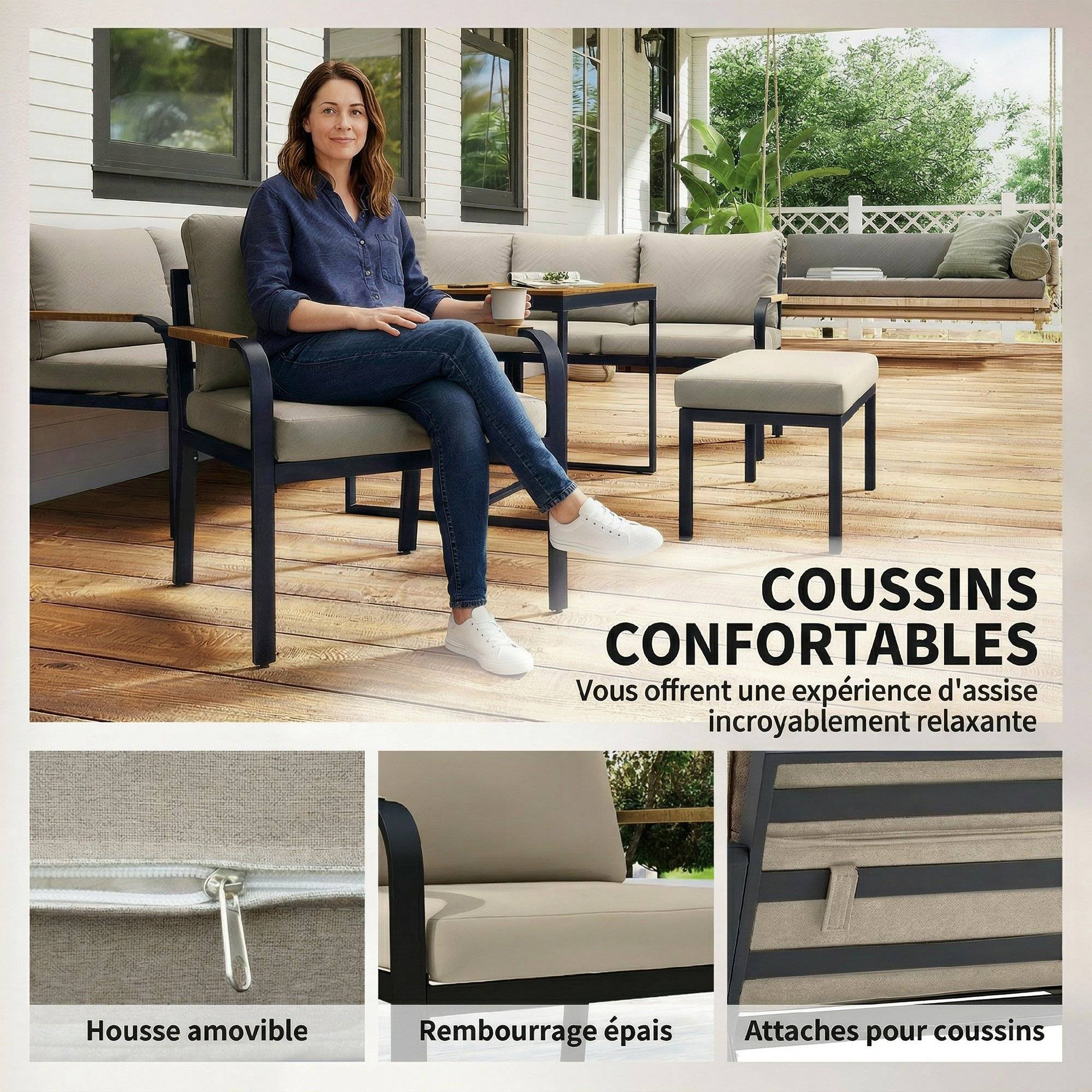 ComfortXL - Salon de jardin d'angle 7 pièces modulable métal corde table WPC terrasse coussins kaki - ComfortXL Outdoor Living - Image 8