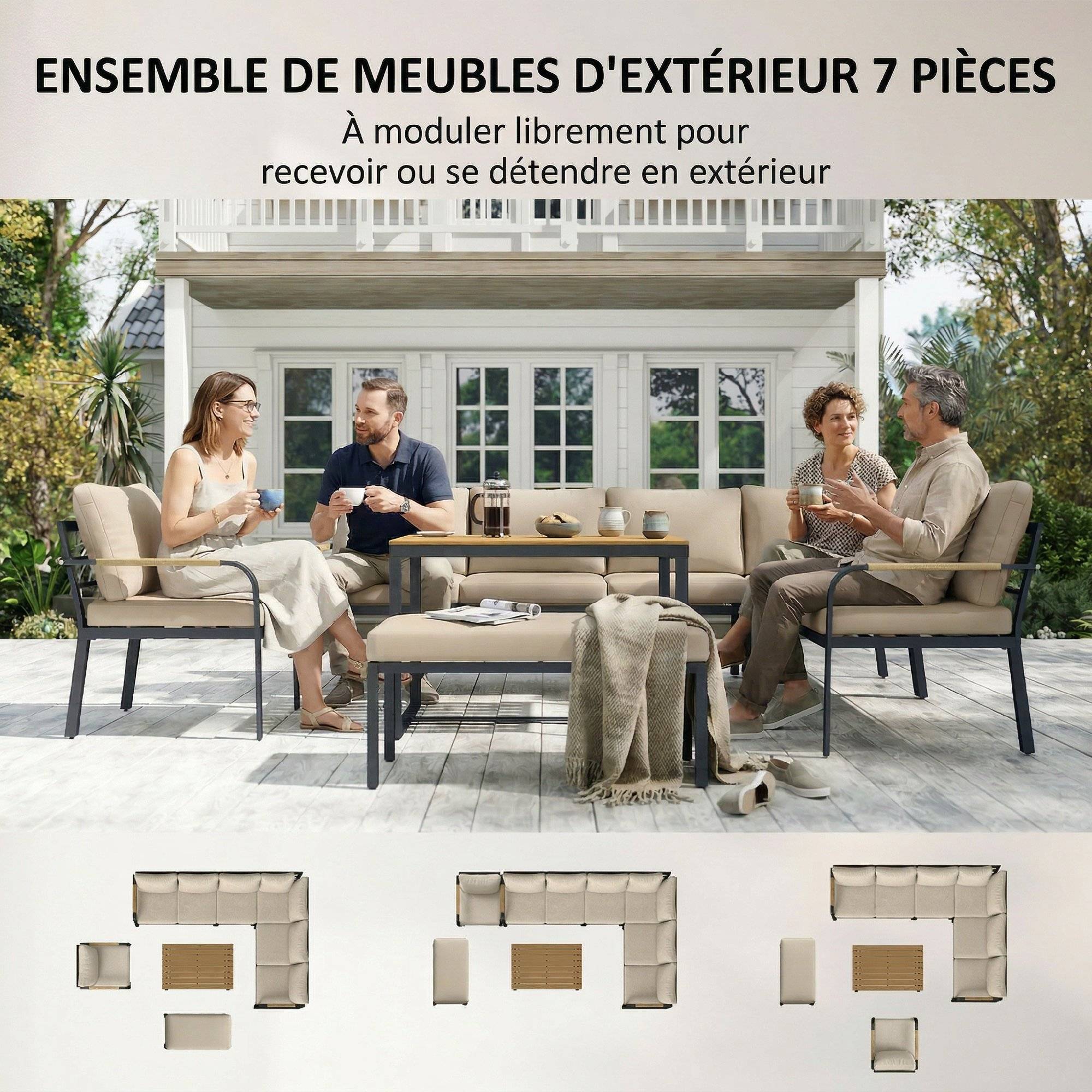 ComfortXL - Salon de jardin d'angle 7 pièces modulable métal corde table WPC terrasse coussins kaki - ComfortXL Outdoor Living - Image 6