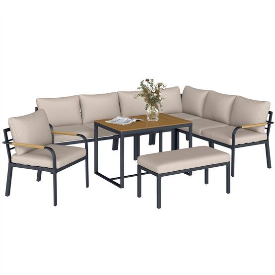 ComfortXL - Salon de jardin d'angle 7 pièces modulable métal corde table WPC terrasse coussins kaki - ComfortXL Outdoor Living - Image 1