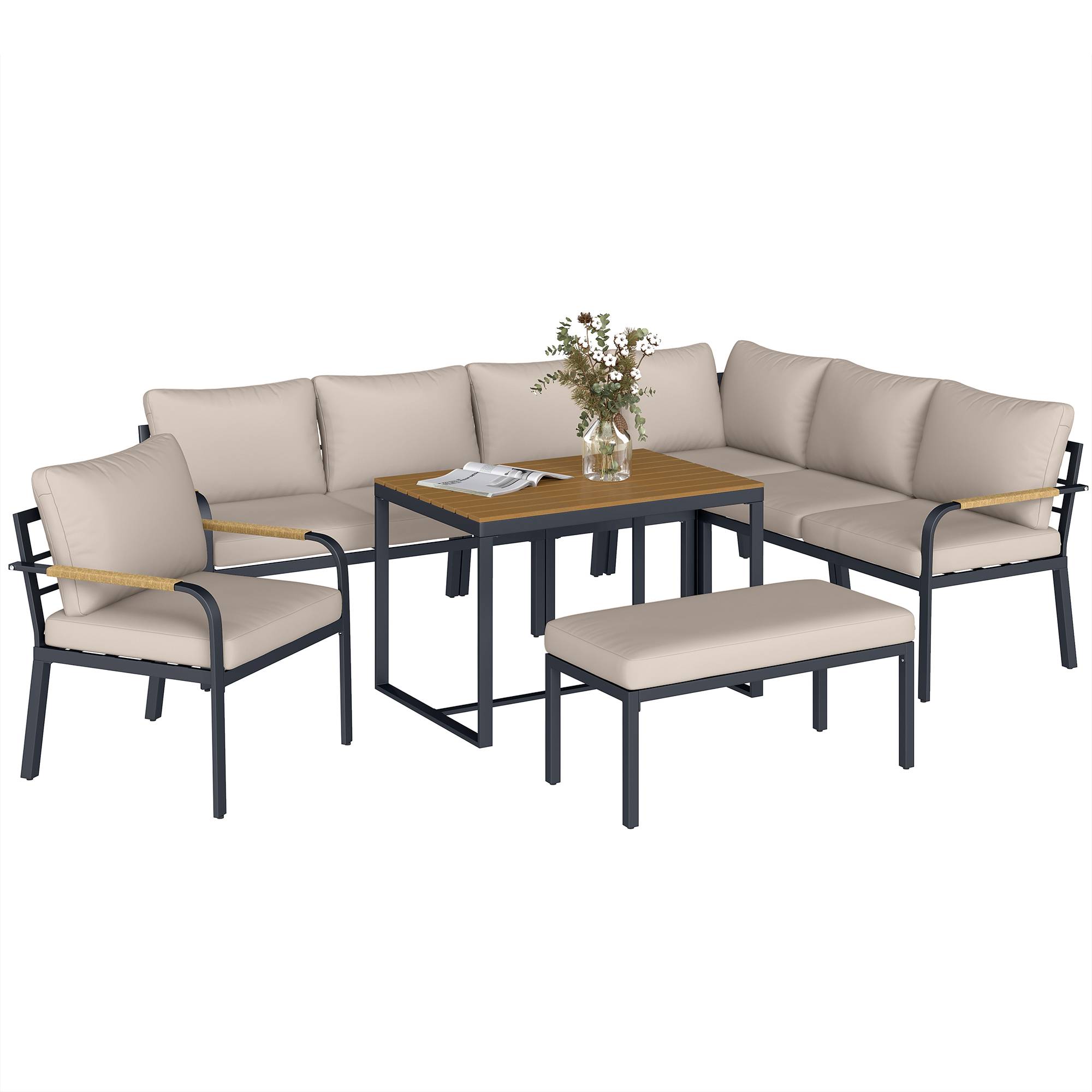 ComfortXL - Salon de jardin d'angle 7 pièces modulable métal corde table WPC terrasse coussins kaki - ComfortXL Outdoor Living