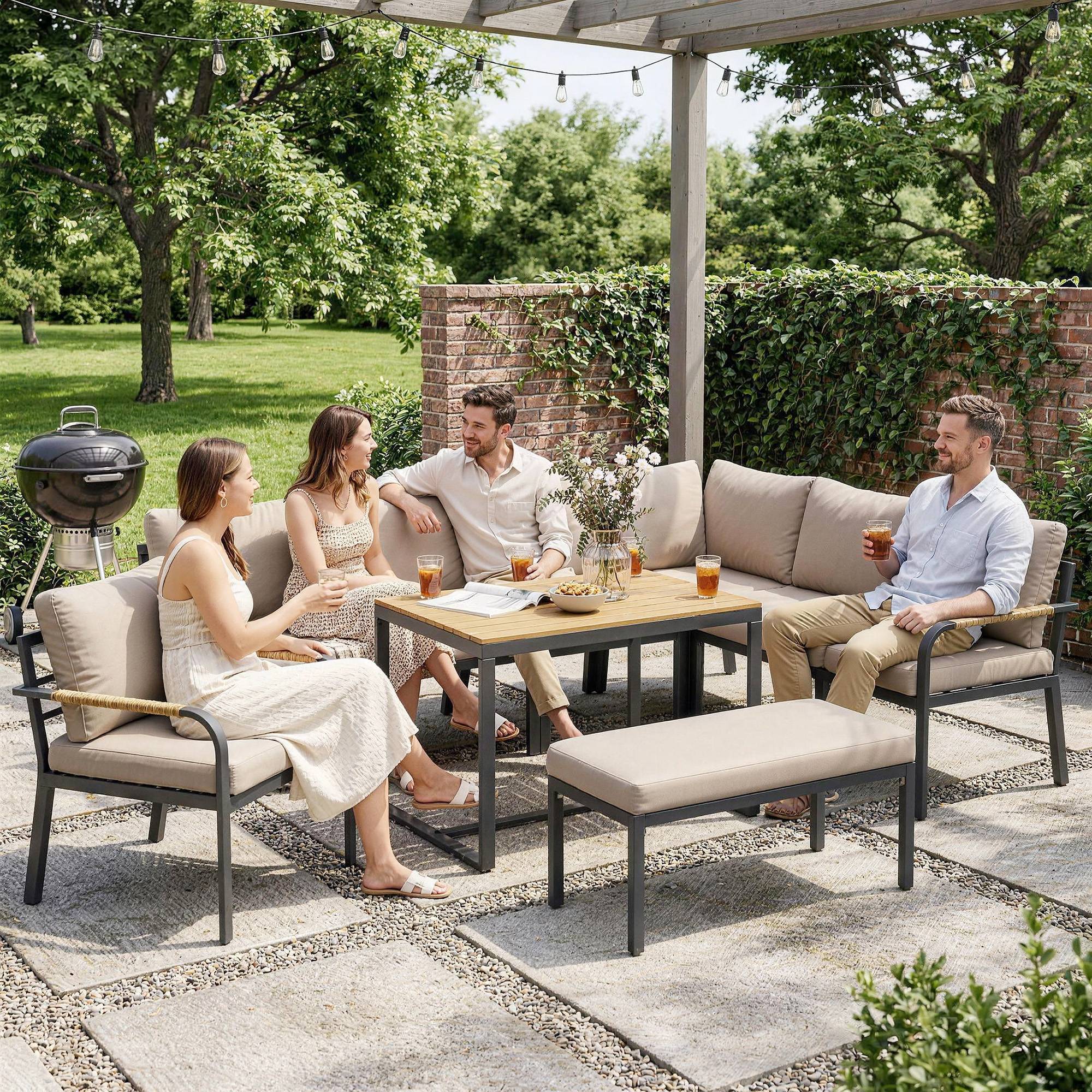ComfortXL - Salon de jardin d'angle 7 pièces modulable métal corde table WPC terrasse coussins kaki - ComfortXL Outdoor Living - Image 4