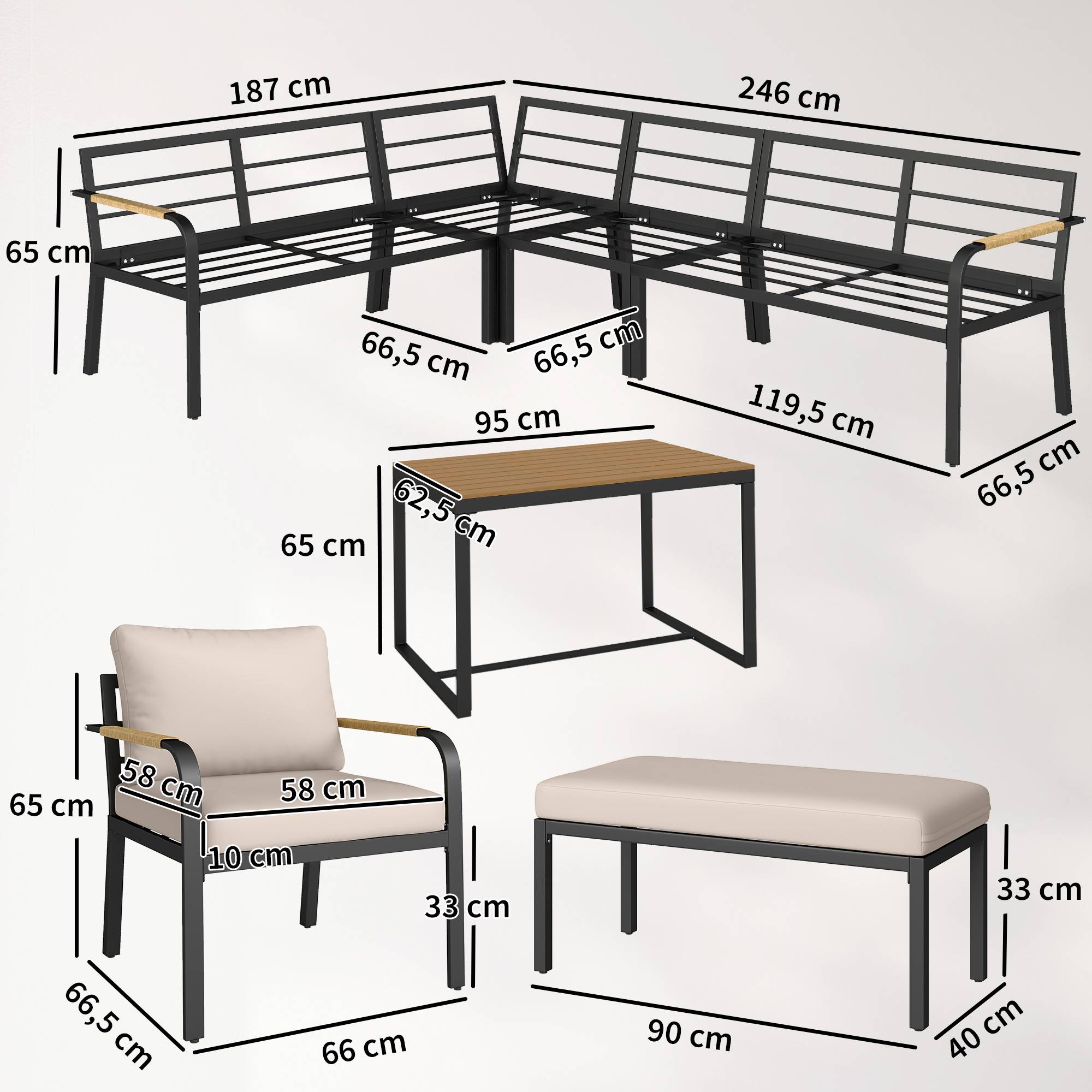 ComfortXL - Salon de jardin d'angle 7 pièces modulable métal corde table WPC terrasse coussins kaki - ComfortXL Outdoor Living - Image 5