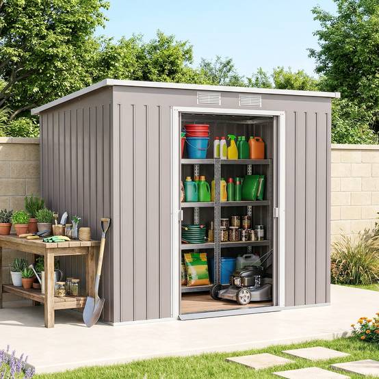 Abri de jardin extérieur 2,42 m² (213 x 130 x 172 cm) avec porte coulissante, toit en pente, base et 2 fenêtres, gris clair - Image 4