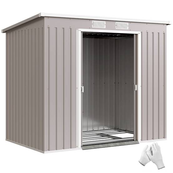 Abri de jardin extérieur 2,42 m² (213 x 130 x 172 cm) avec porte coulissante, toit en pente, base et 2 fenêtres, gris clair - Image 1