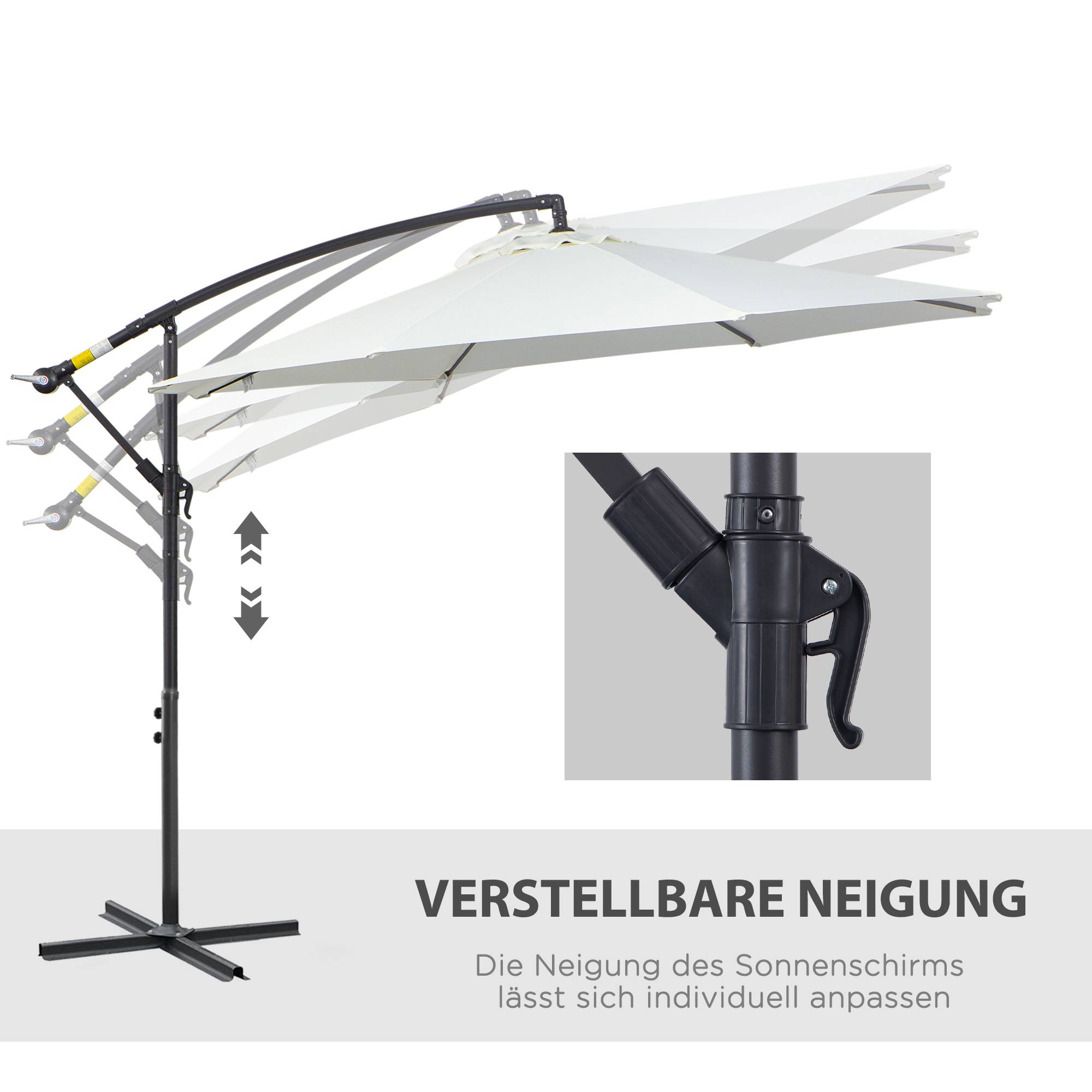 Parasol déporté avec manivelle, tissu polyester crème, 300 cm, structure en acier, pour terrasse et jardin - PANGIVO - Image 6