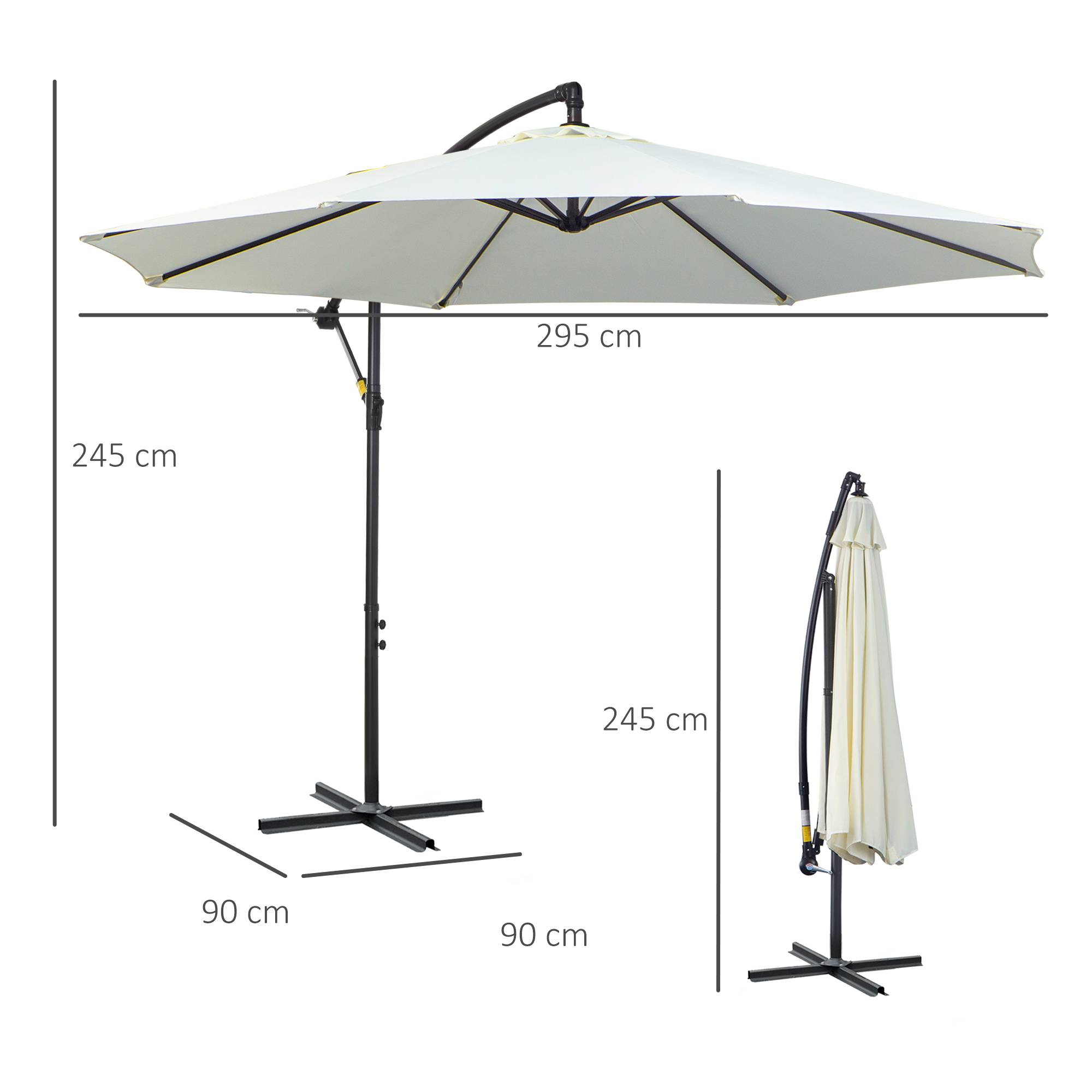 Parasol déporté avec manivelle, tissu polyester crème, 300 cm, structure en acier, pour terrasse et jardin - PANGIVO - Image 3