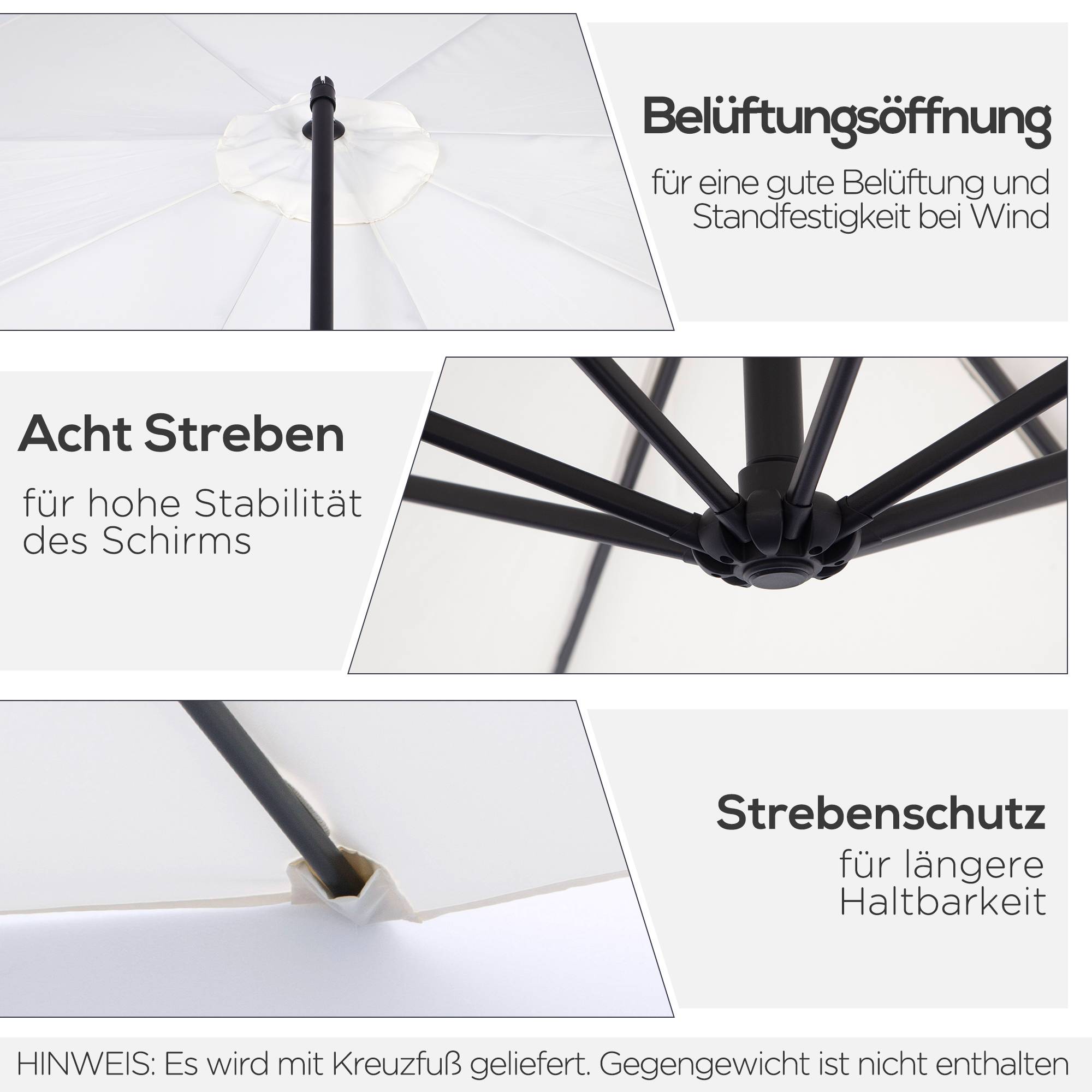 Parasol déporté avec manivelle, tissu polyester crème, 300 cm, structure en acier, pour terrasse et jardin - PANGIVO - Image 5