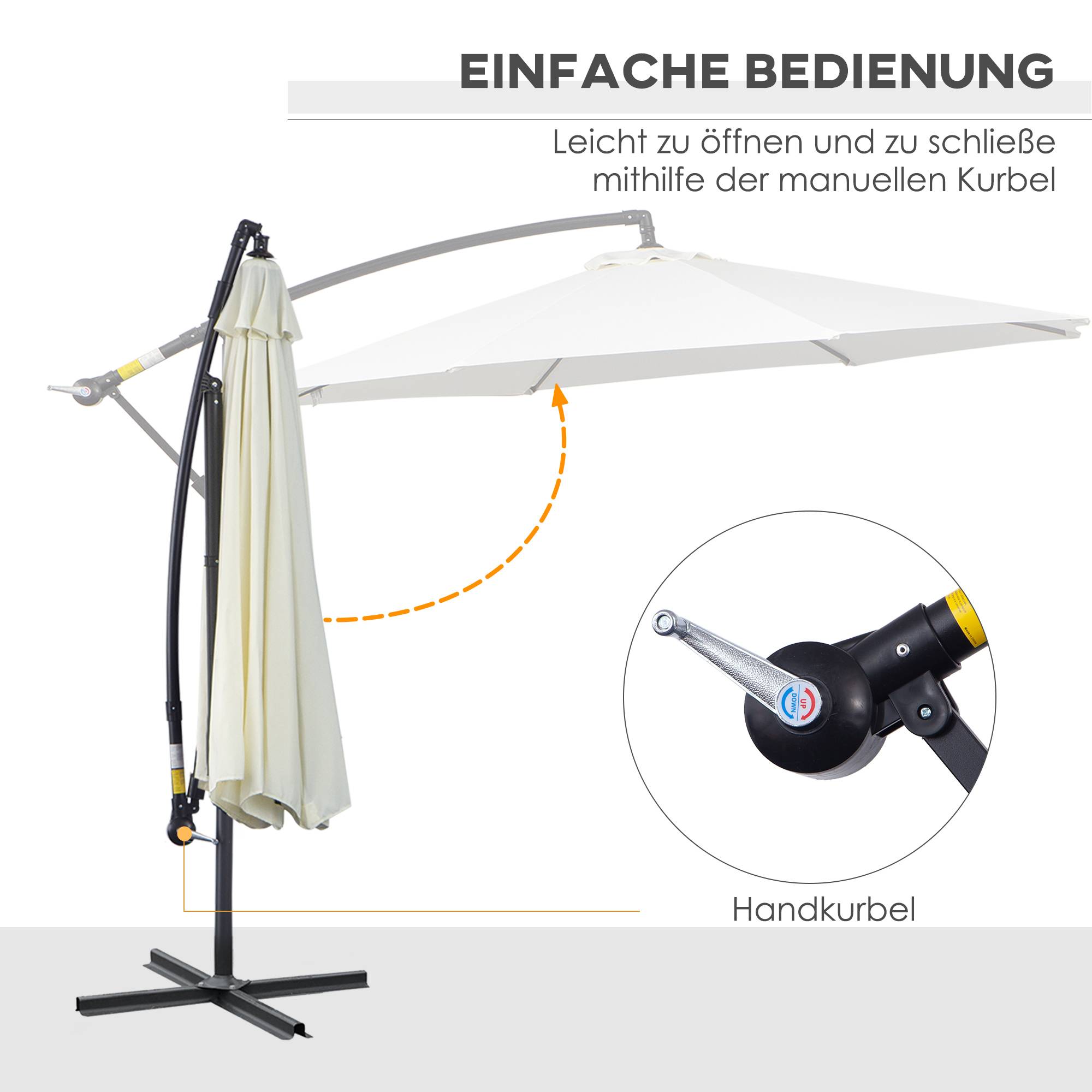 Parasol déporté avec manivelle, tissu polyester crème, 300 cm, structure en acier, pour terrasse et jardin - PANGIVO - Image 4