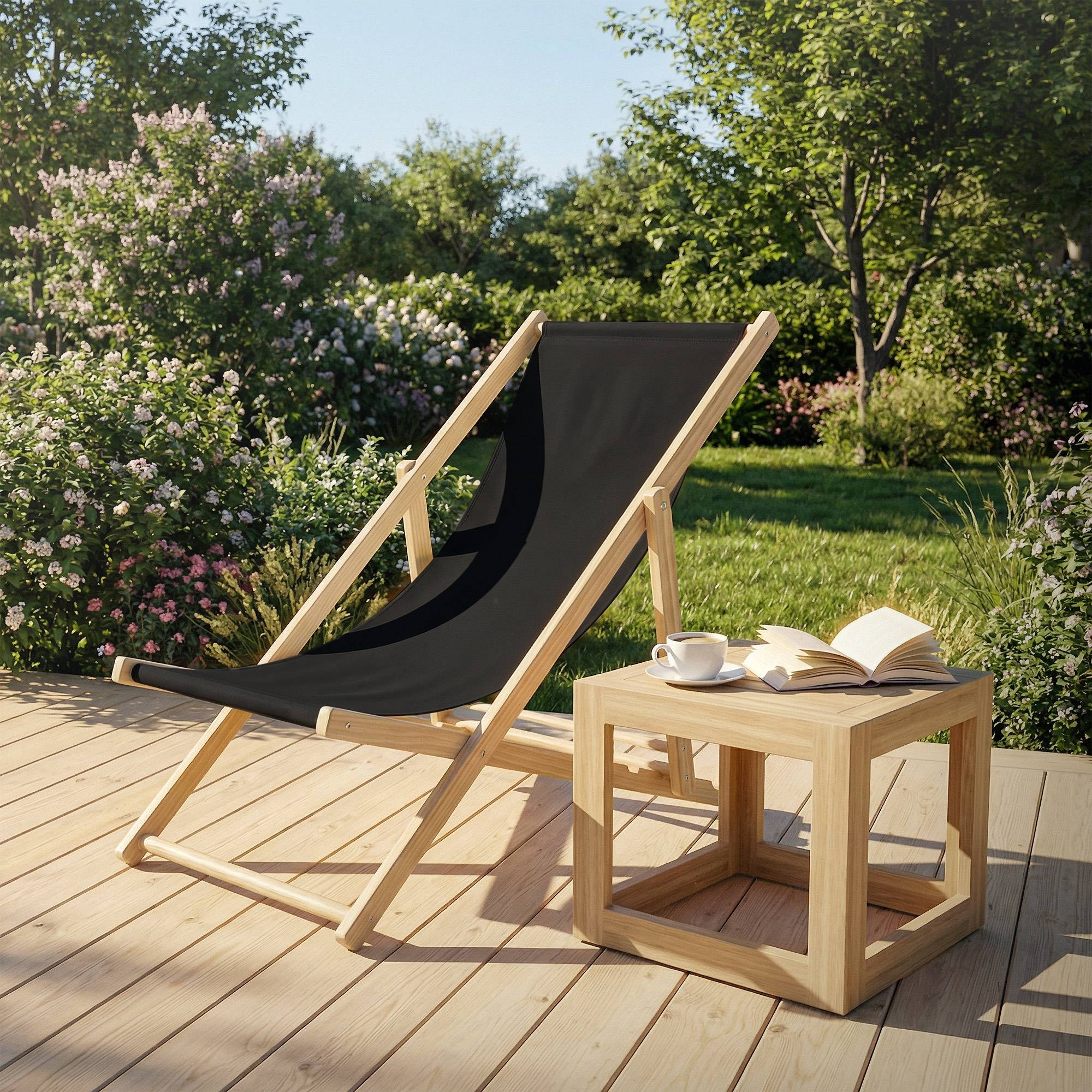 Set 2x Chaise longue de jardin pliable noir en bois chiliennes 3 positions de couchage  jusqu'à 120 kg usage intérieur et extérieur balcon terrasse - Image 10