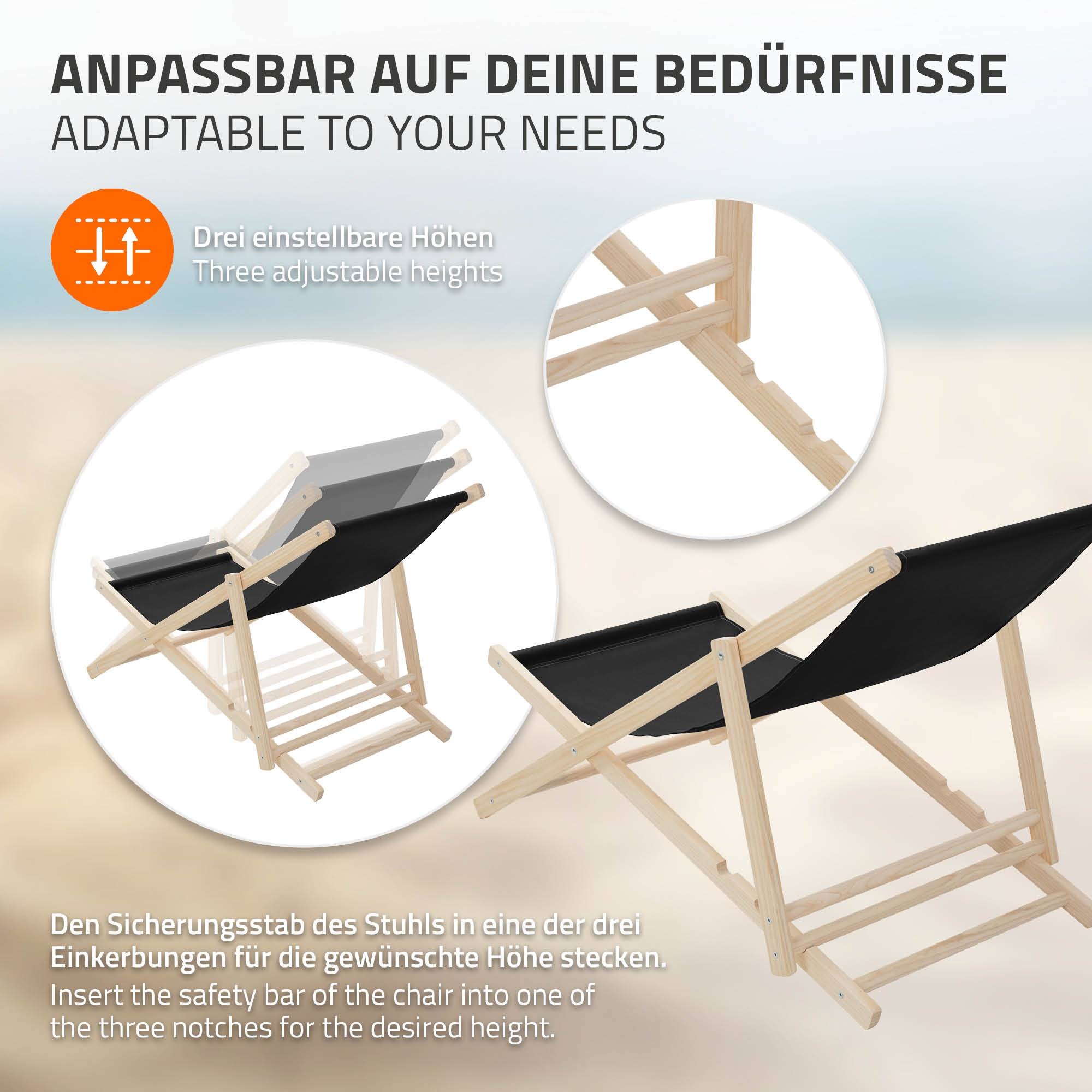 Set 2x Chaise longue de jardin pliable noir en bois chiliennes 3 positions de couchage  jusqu'à 120 kg usage intérieur et extérieur balcon terrasse - Image 4