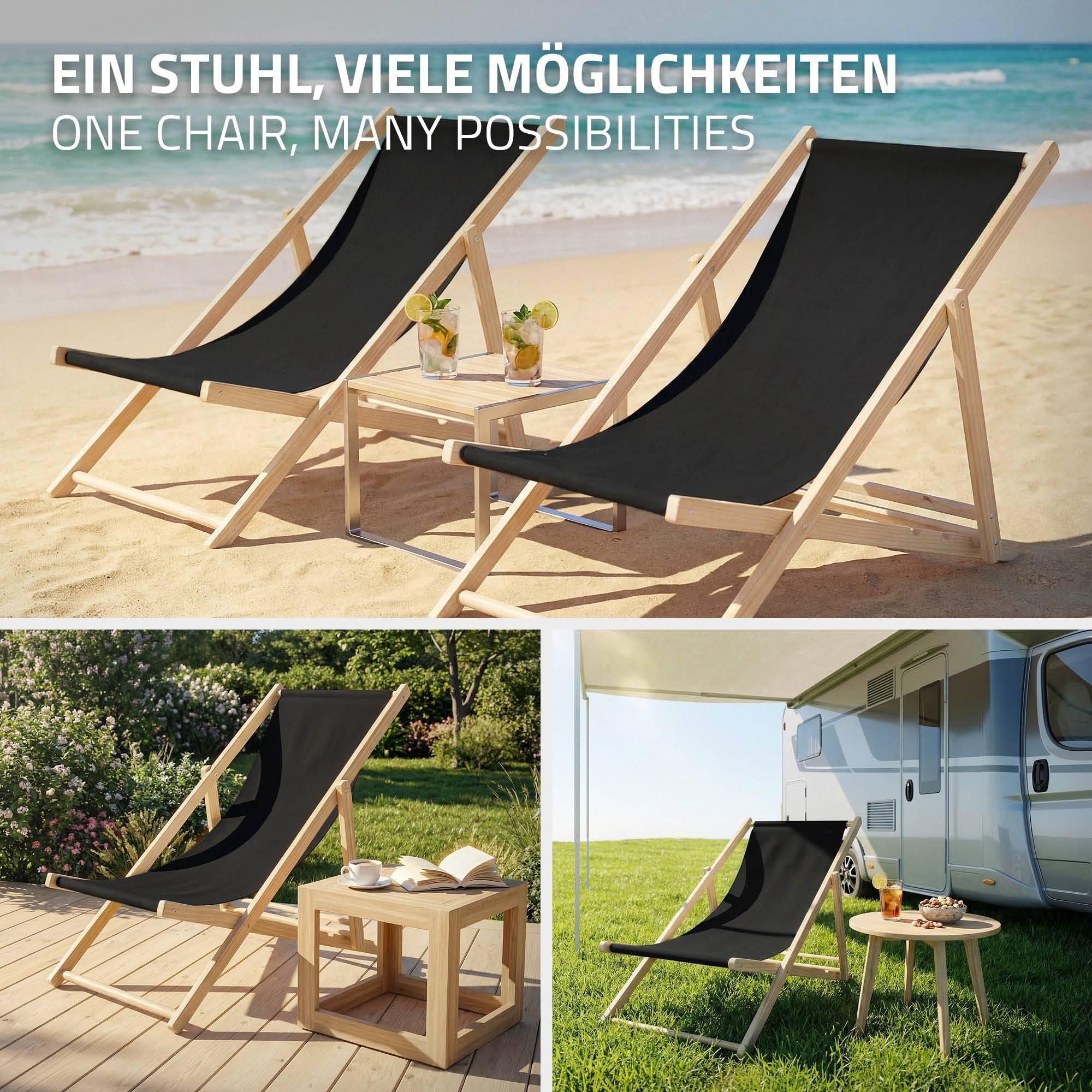 Set 2x Chaise longue de jardin pliable noir en bois chiliennes 3 positions de couchage jusqu'à 120 kg usage intérieur et extérieur balcon terrasse - Image 6