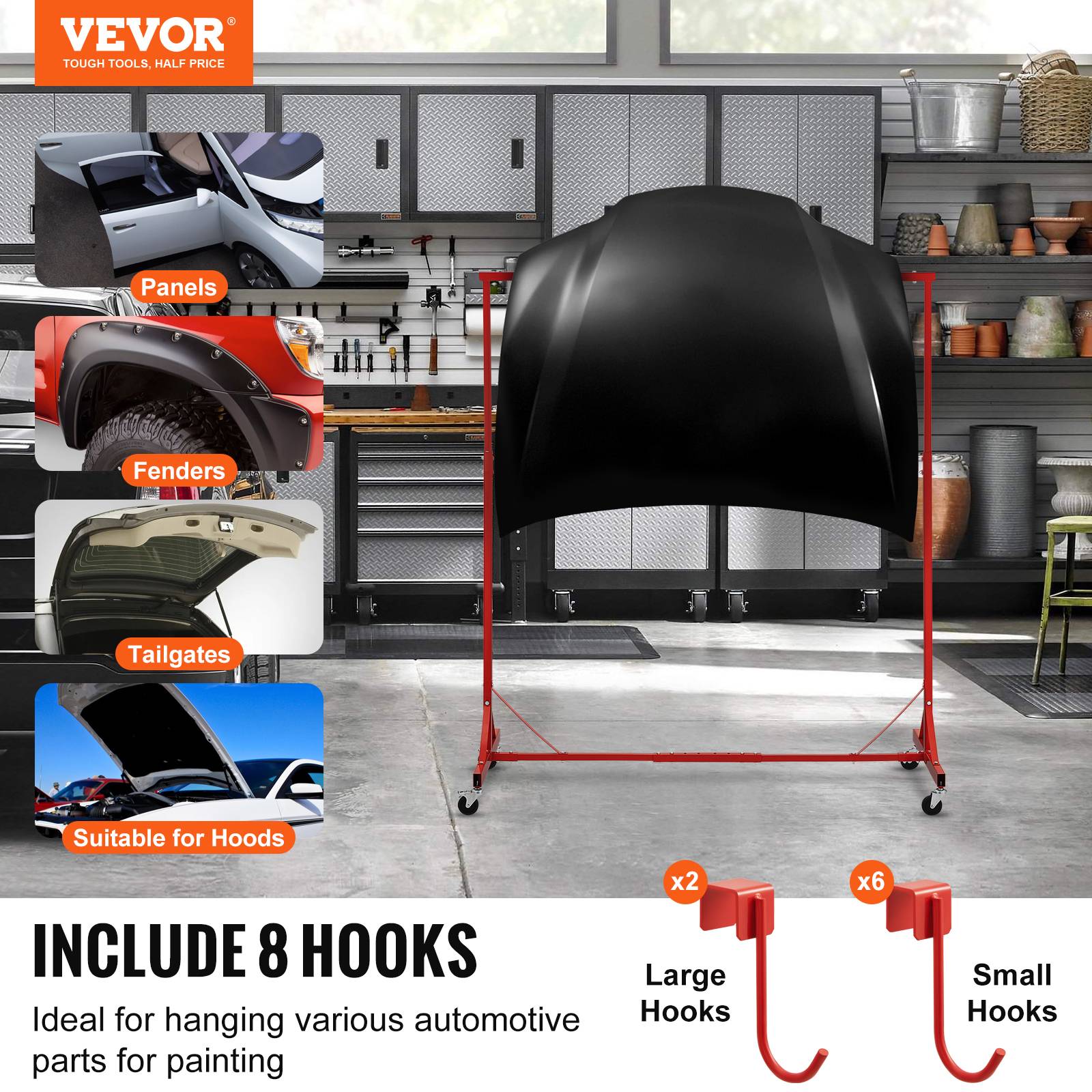 VEVOR Support peinture carrosserie, hauteur 1.5-2m, charge 30kg, 8 crochets, 4 roues. - Image 2