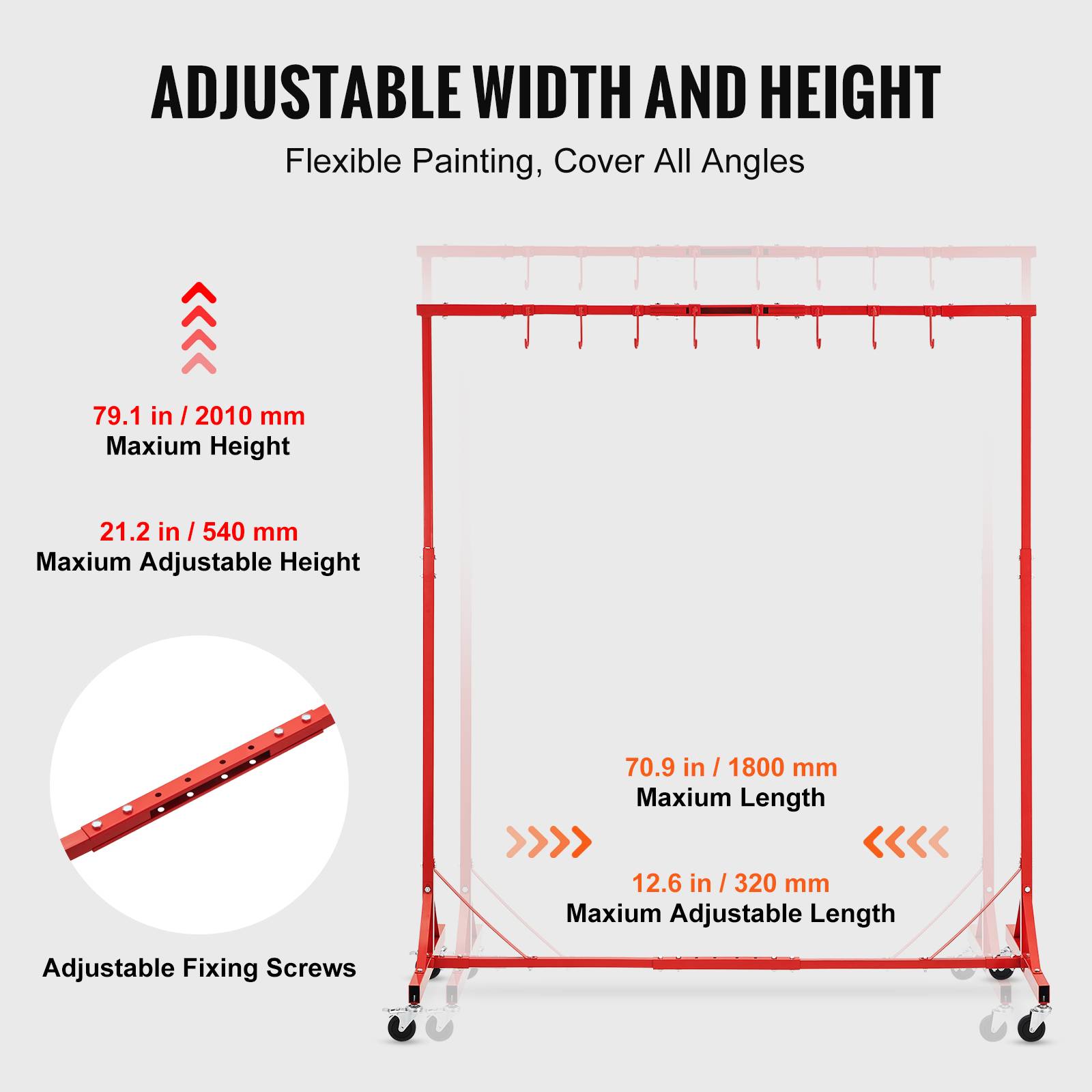 VEVOR Support peinture carrosserie, hauteur 1.5-2m, charge 30kg, 8 crochets, 4 roues. - Image 3