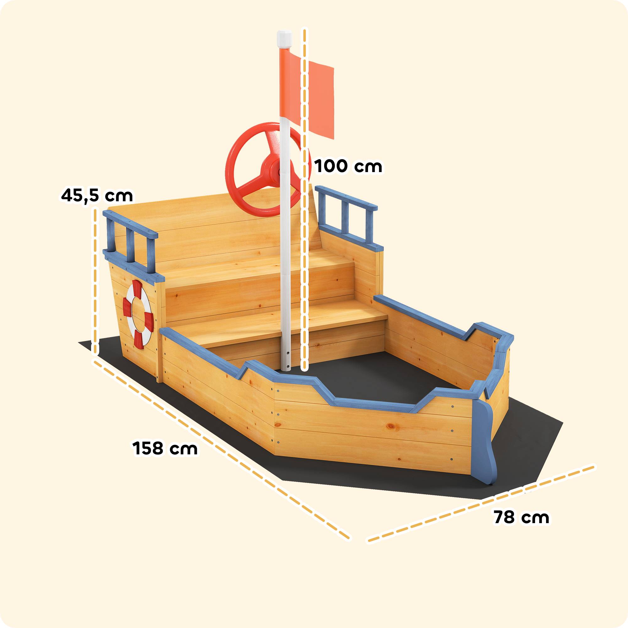 Bac à sable forme de bateau pirate boîte à sable pour enfant gouvernail drapeau rouge 2 marches et espace de rangement - Image 5