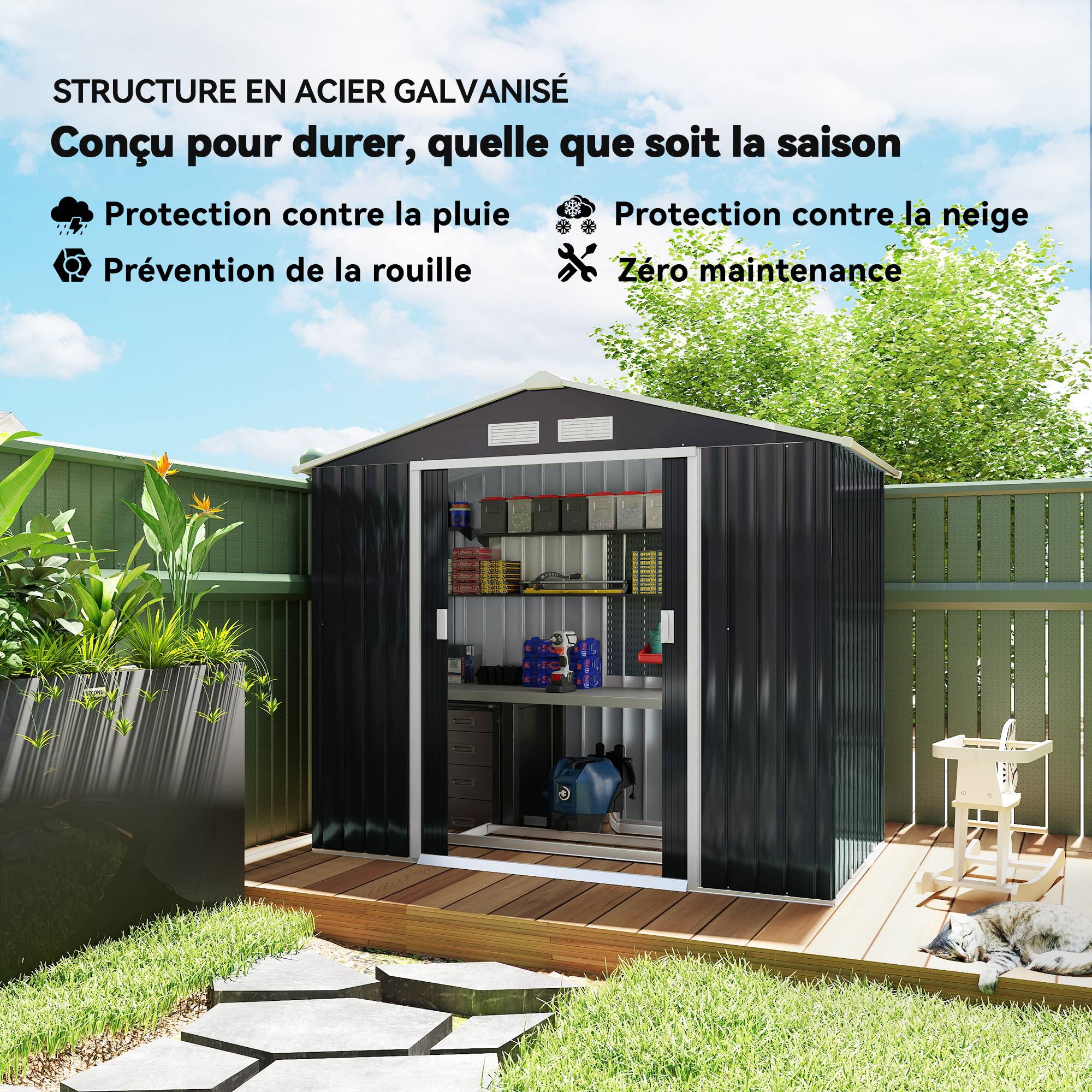 Abri de jardin en acier pour jardin rangement outillage fondation incluse 213x130cm gris - ComfortXL Outdoor Living - Image 6
