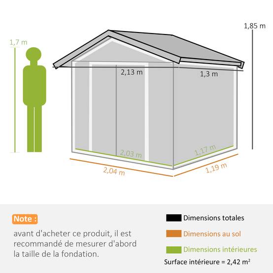 Abri de jardin en acier pour jardin rangement outillage fondation incluse 213x130cm gris - ComfortXL Outdoor Living - Image 5