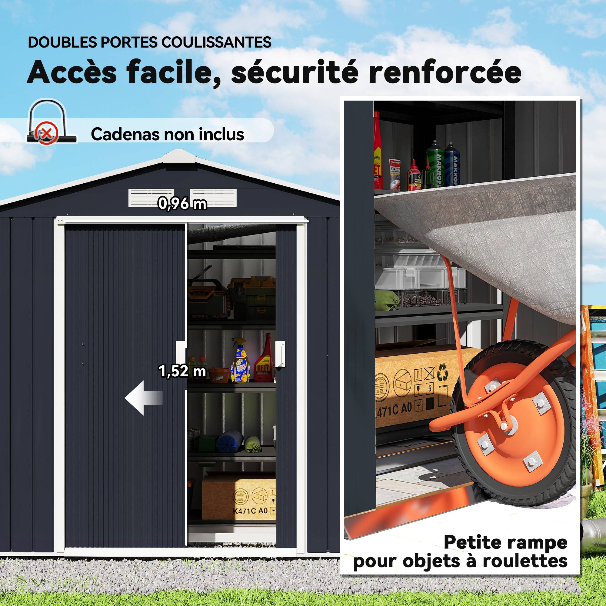 Abri de jardin en acier pour jardin rangement outillage fondation incluse 213x130cm gris - ComfortXL Outdoor Living - Image 7