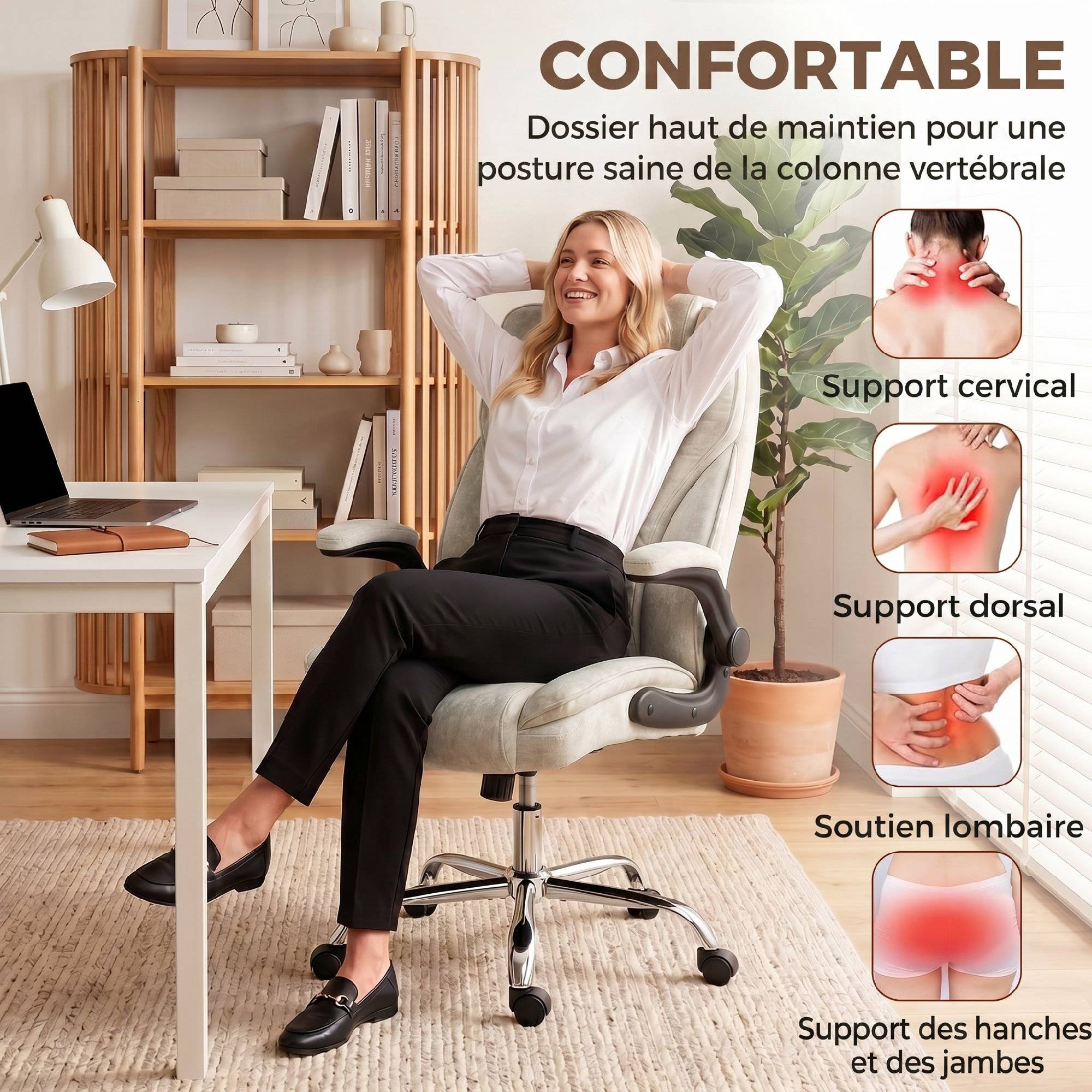 Sans Marque - Fauteuil de bureau, chaise bureau ergonomique, hauteur réglable, accoudoirs relevables, 70 x 70 x 114-122 cm, beige - Image 6