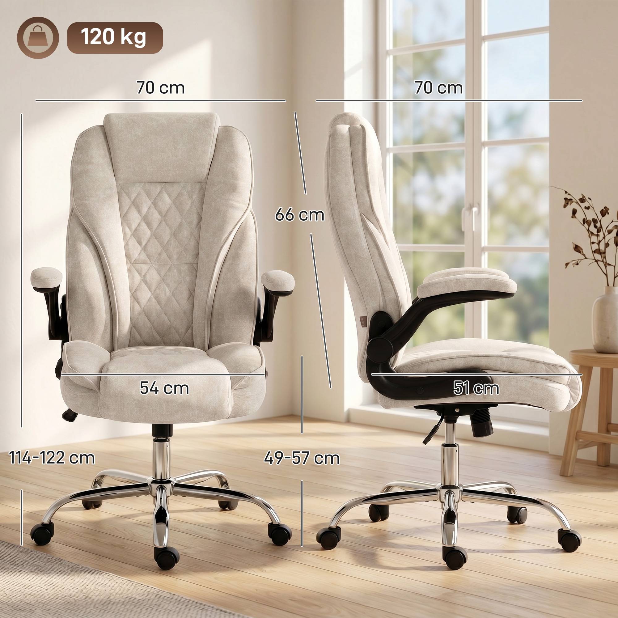 Sans Marque - Fauteuil de bureau, chaise bureau ergonomique, hauteur réglable, accoudoirs relevables, 70 x 70 x 114-122 cm, beige - Image 5