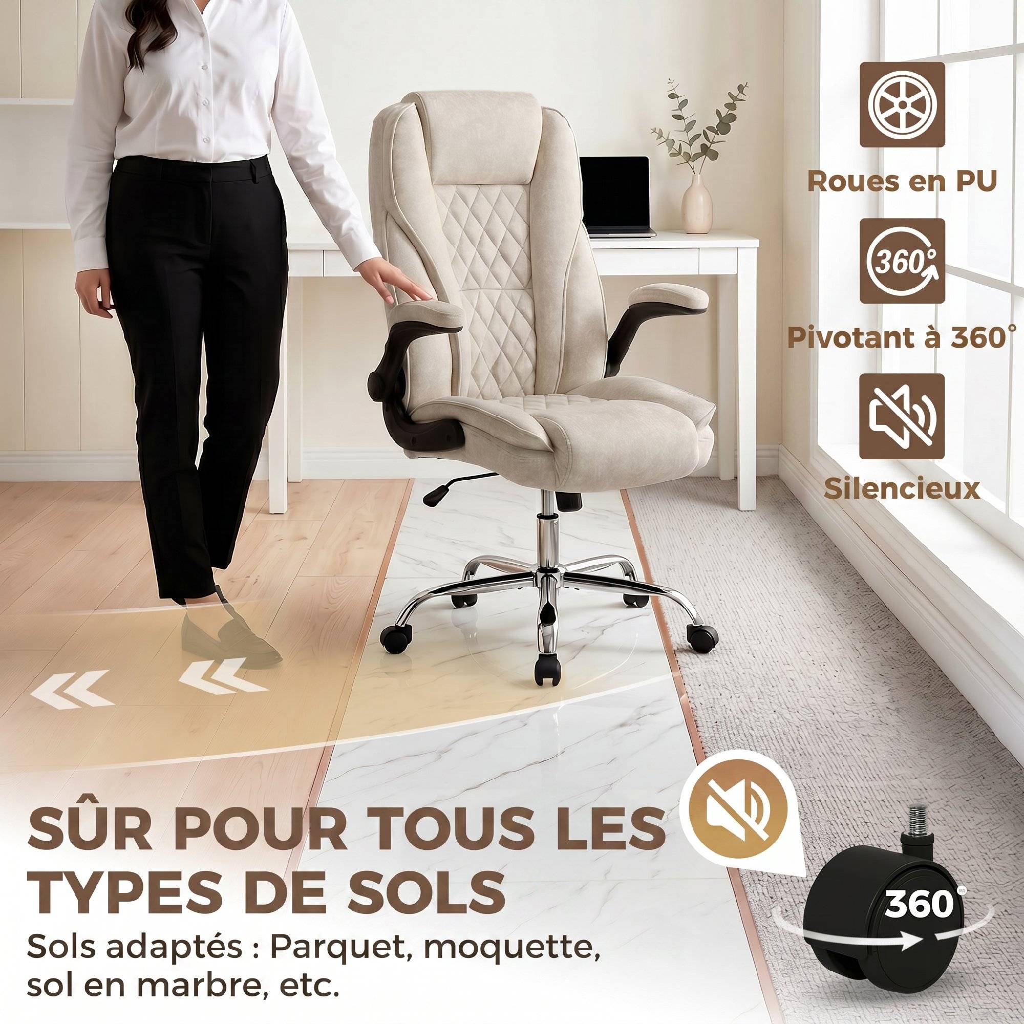 Sans Marque - Fauteuil de bureau, chaise bureau ergonomique, hauteur réglable, accoudoirs relevables, 70 x 70 x 114-122 cm, beige - Image 9