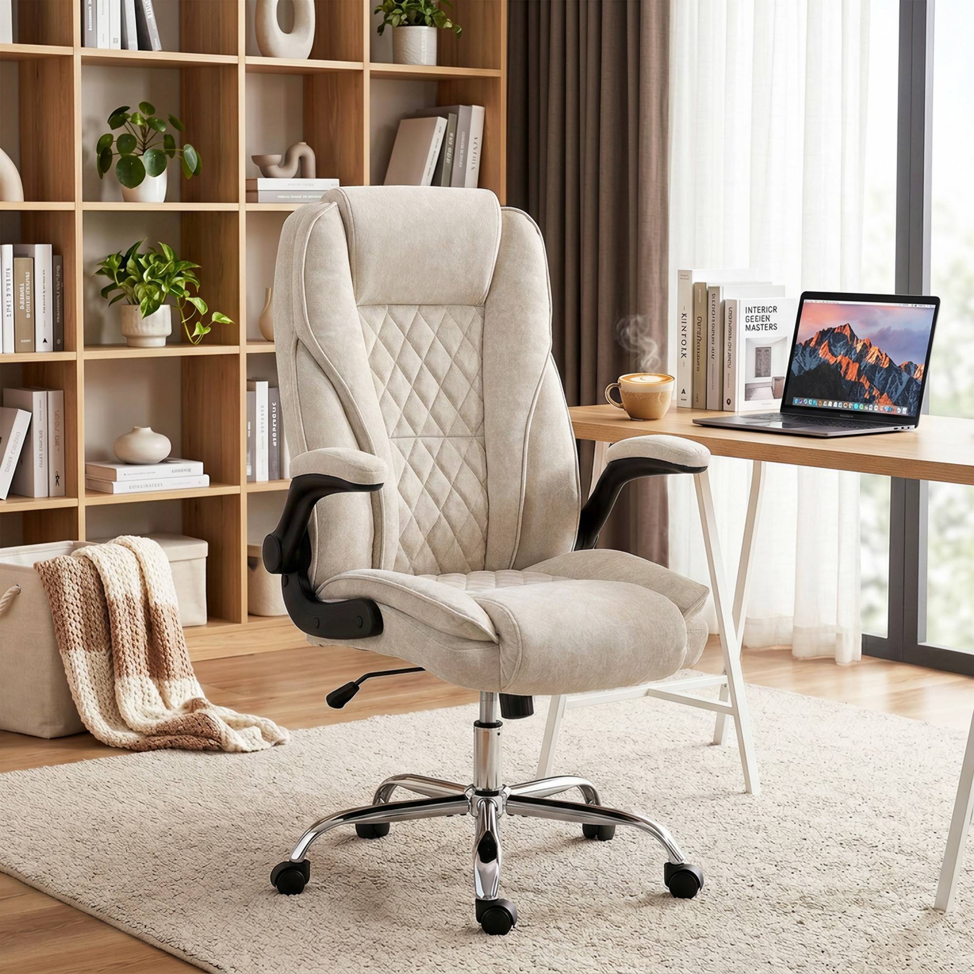 Sans Marque - Fauteuil de bureau, chaise bureau ergonomique, hauteur réglable, accoudoirs relevables, 70 x 70 x 114-122 cm, beige - Image 3