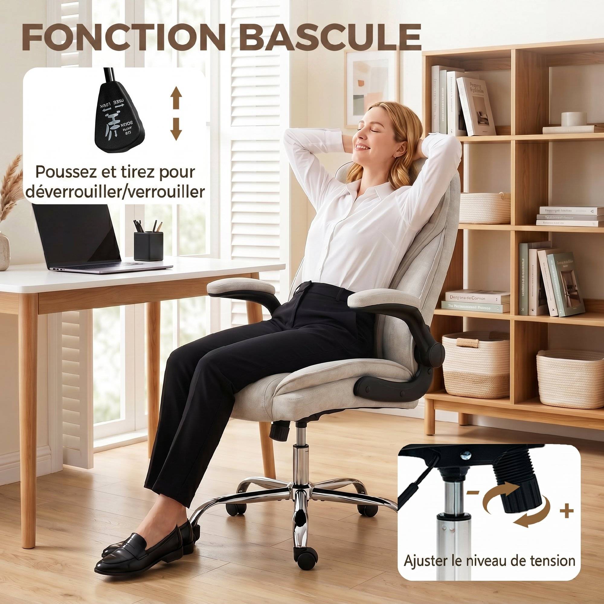 Sans Marque - Fauteuil de bureau, chaise bureau ergonomique, hauteur réglable, accoudoirs relevables, 70 x 70 x 114-122 cm, beige - Image 8